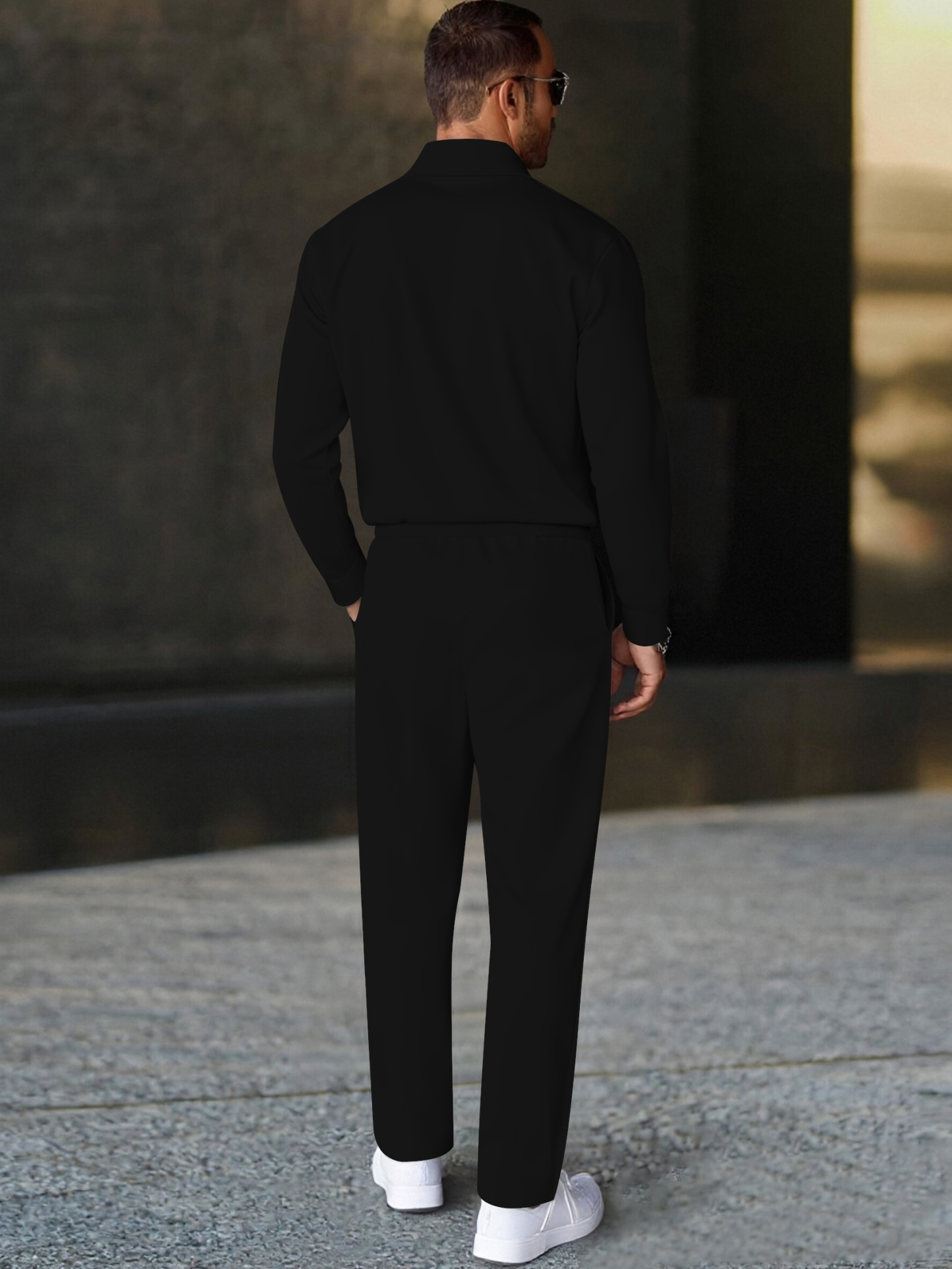 Men's fashion casual geometric print long sleeve zipper polo two-piece set