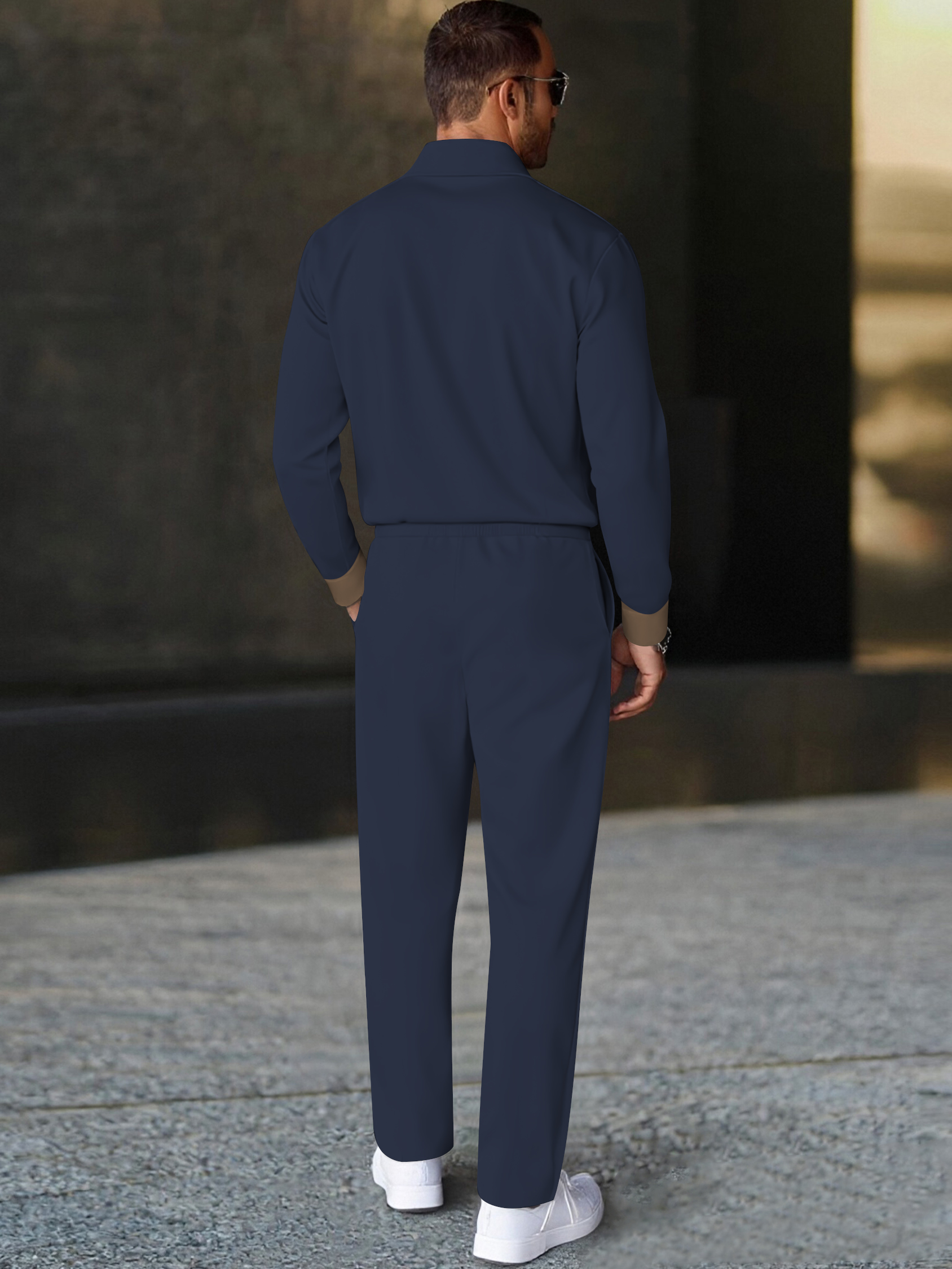 Men's fashion casual geometric print long sleeve zipper polo two-piece set