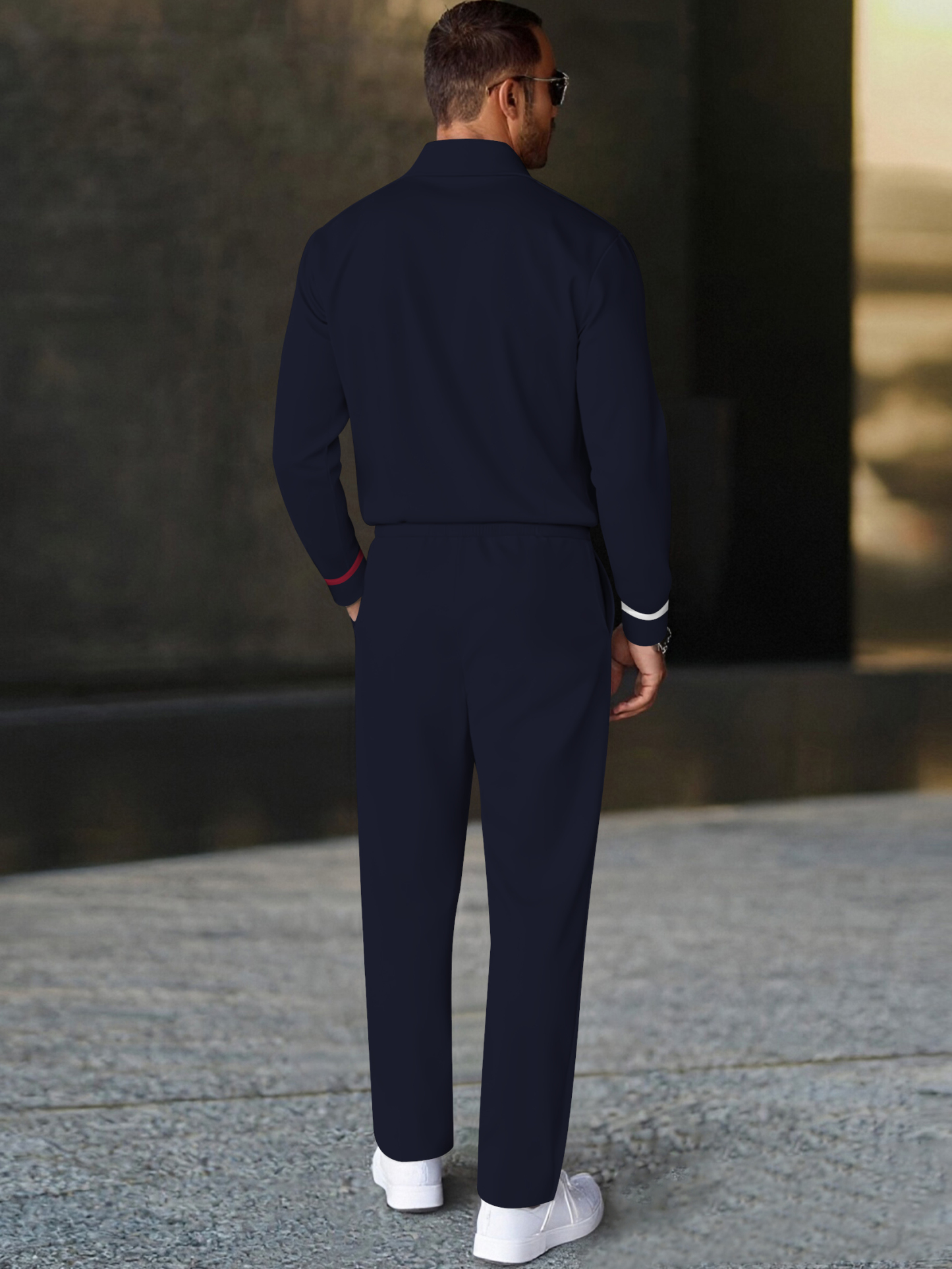 Men's fashion casual geometric print long sleeve zipper polo two-piece set