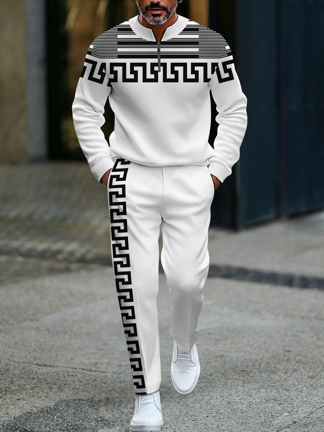 Men's fashion casual geometric print long sleeve zipper two-piece set