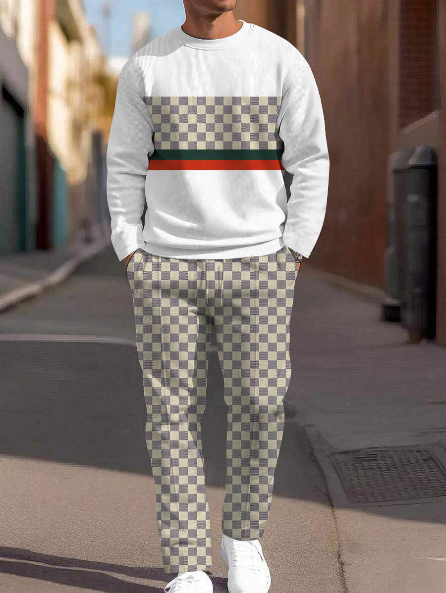 Men's fashion casual geometric printed hoodie two-piece set