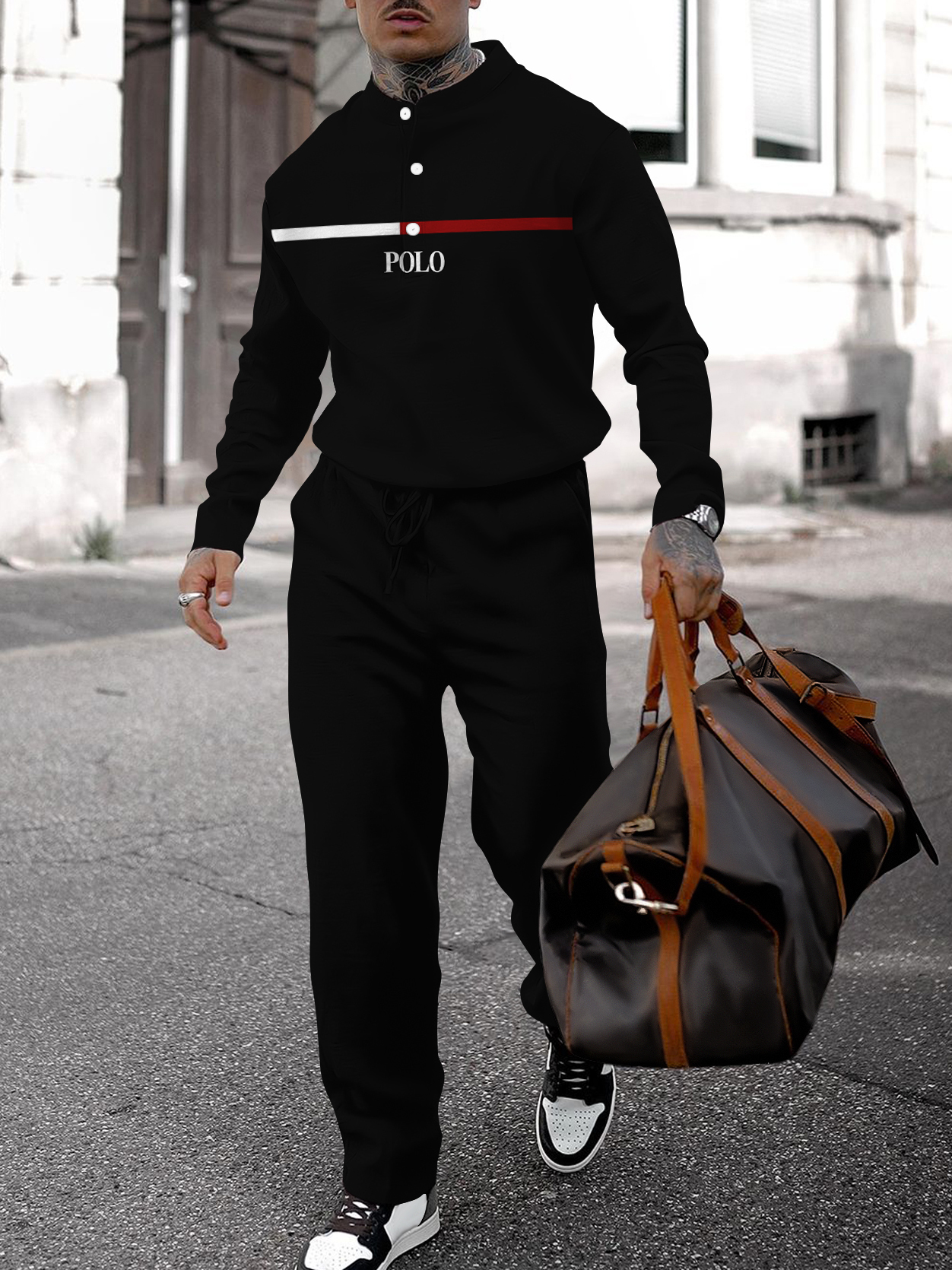 Men's fashion casual geometric print long sleeve two-piece set