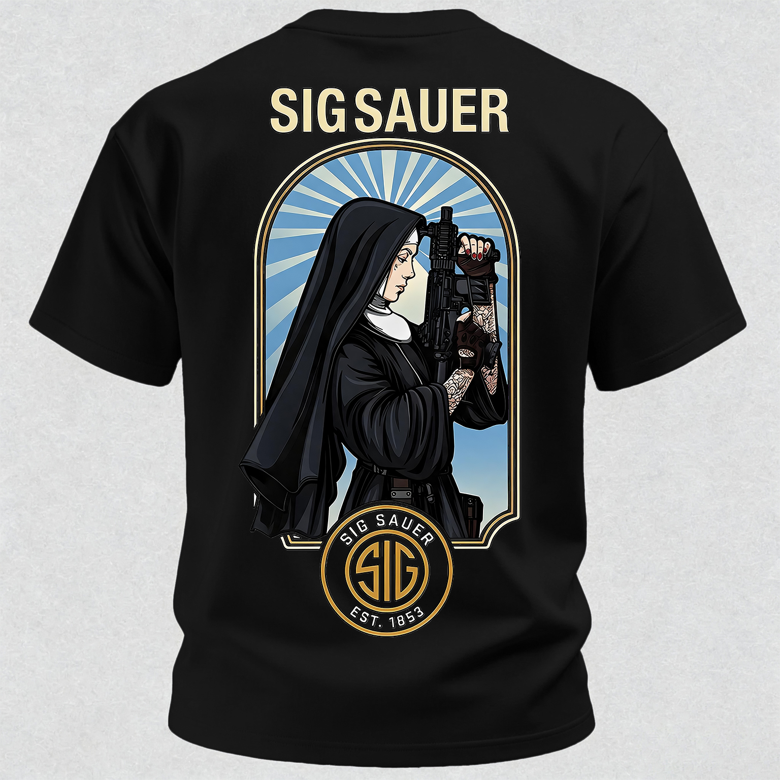 Precision Tactical Arch Window Nun with Rifle Since 1853 Vintage Illustration Cotton Print Men's T-Shirt