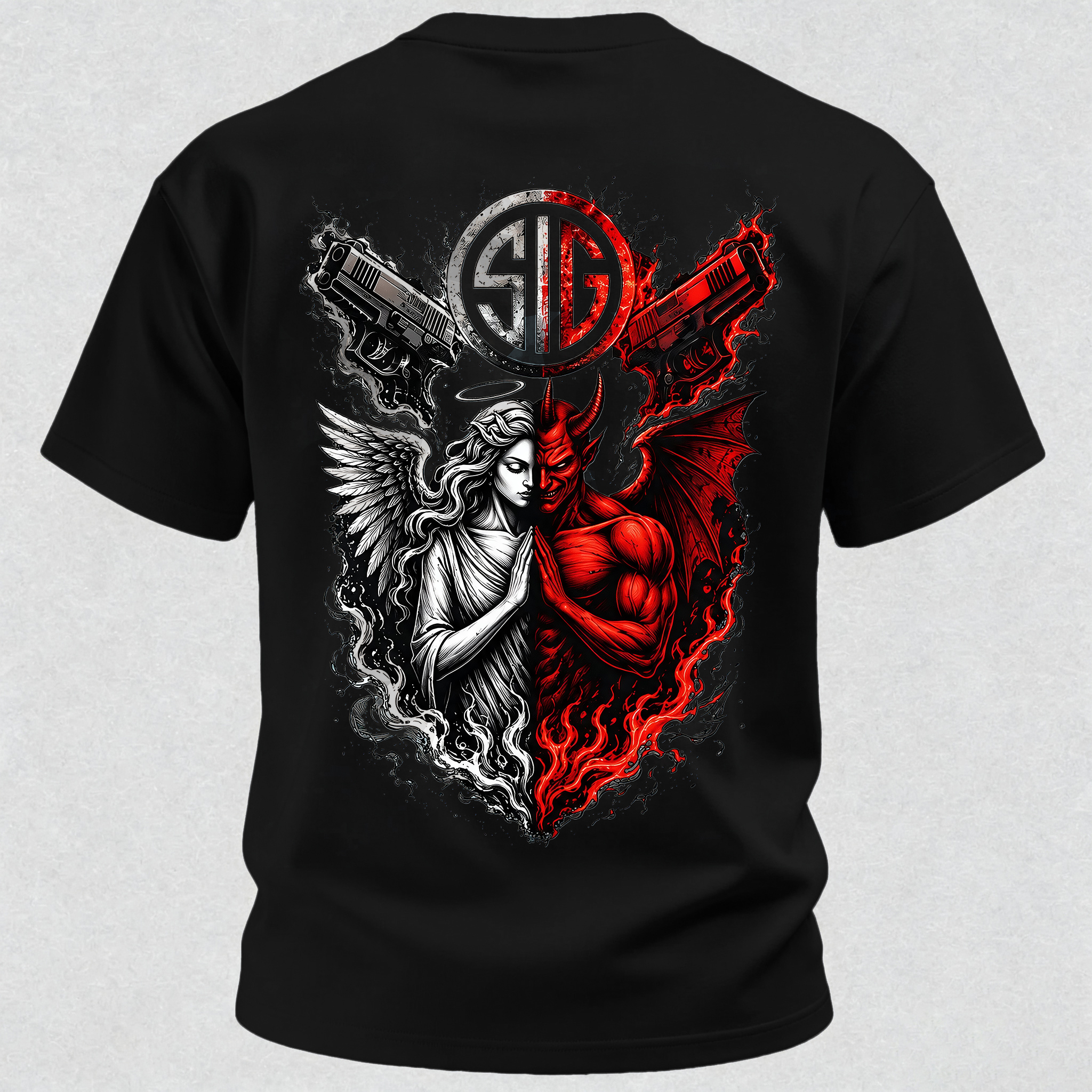 Angel and Demon Dual Pistols Men's Cotton Graphic T-Shirt Tactical Heaven and Hell Combat