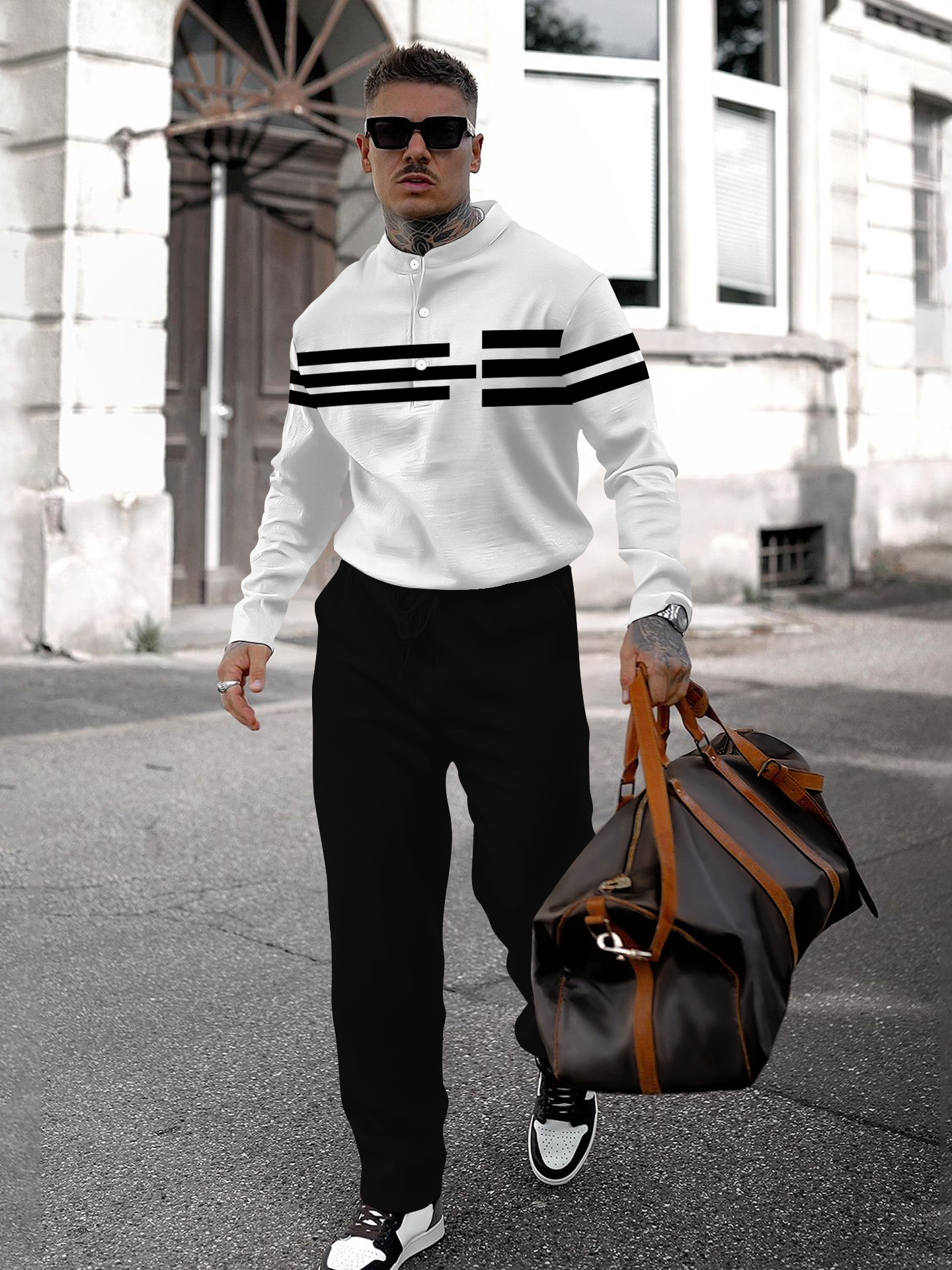 Men's fashion casual geometric print long sleeve two-piece set
