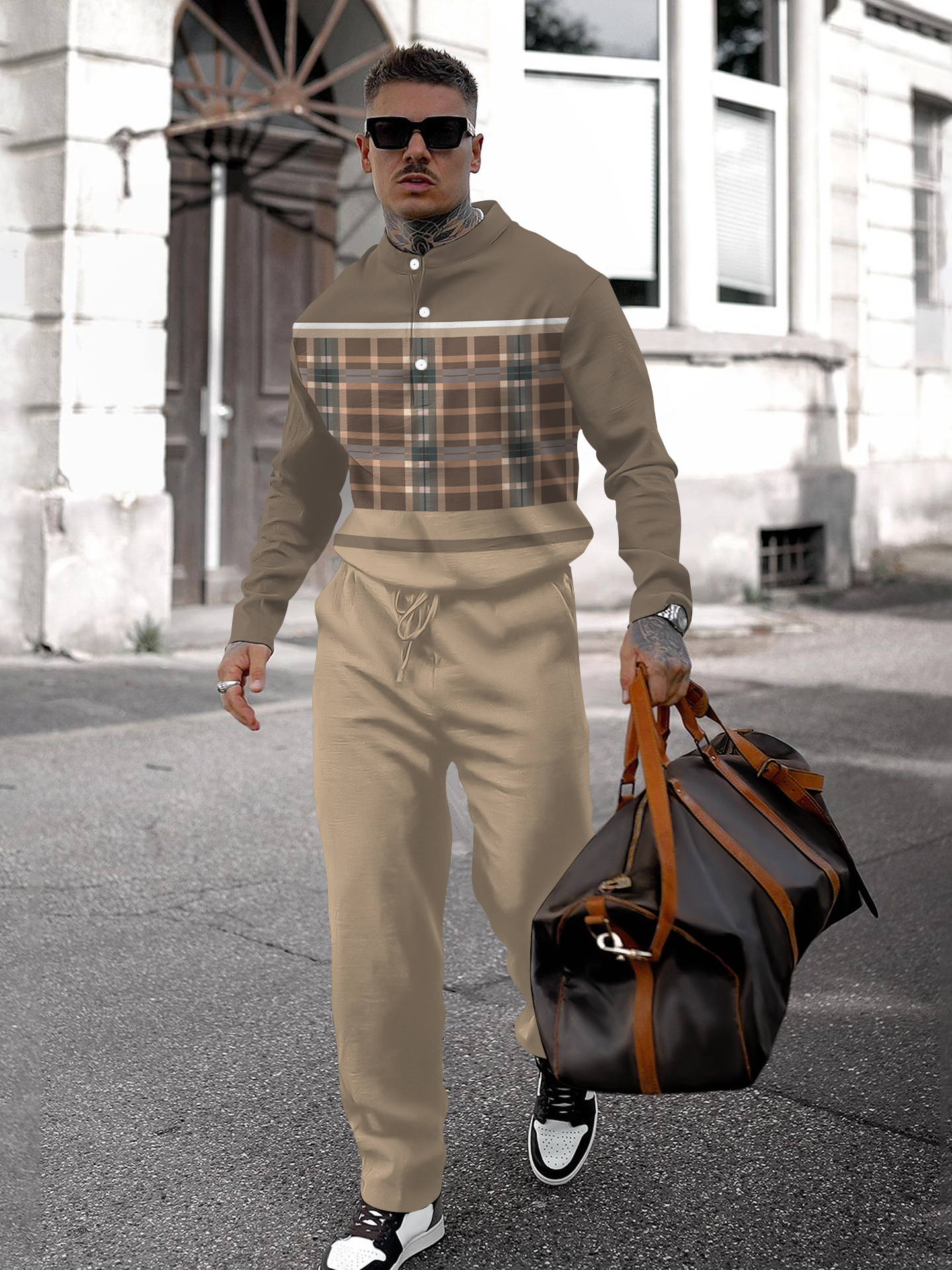 Men's fashion casual geometric print long sleeve two-piece set