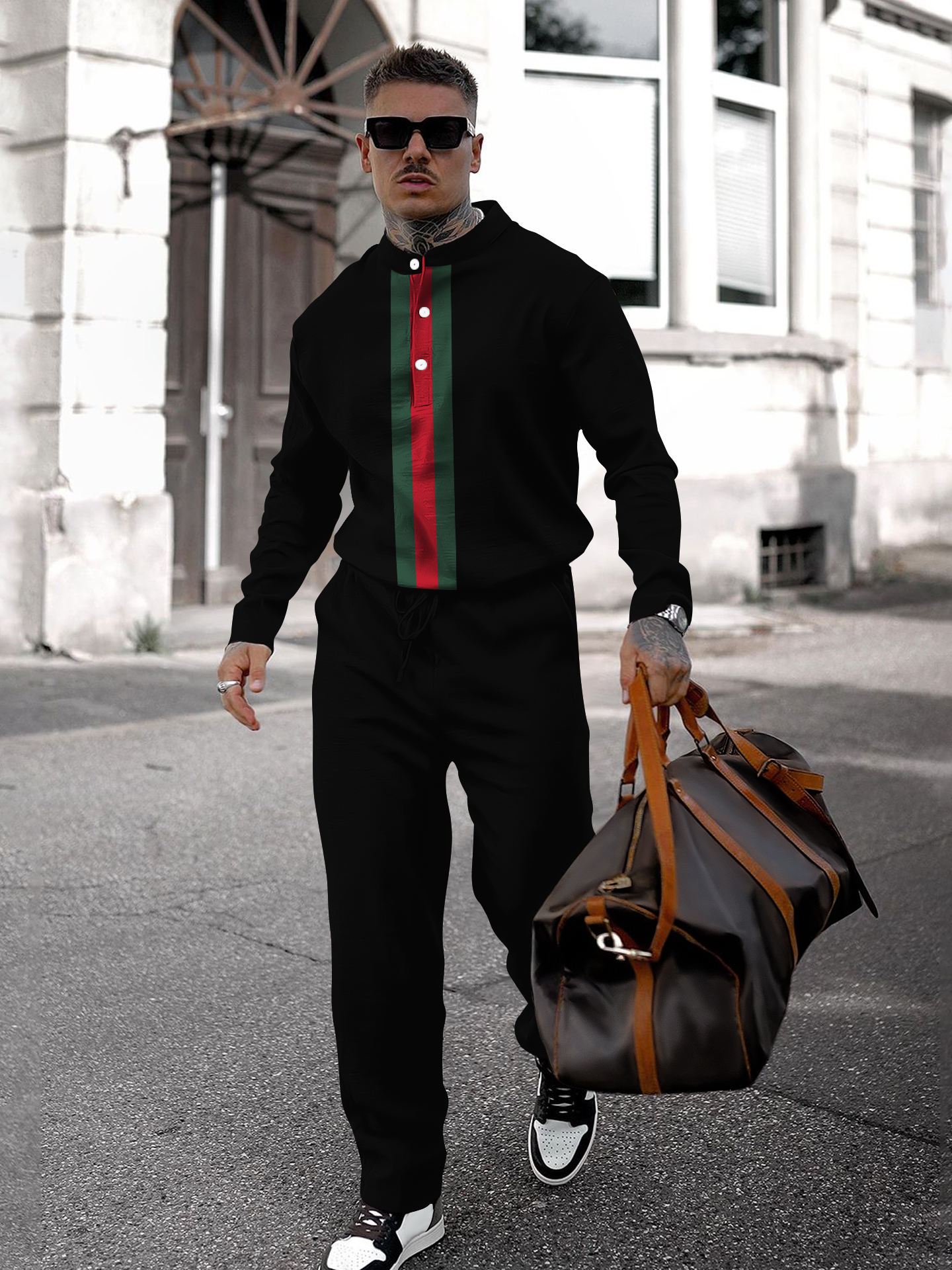 Men's fashion casual geometric print long sleeve two-piece set