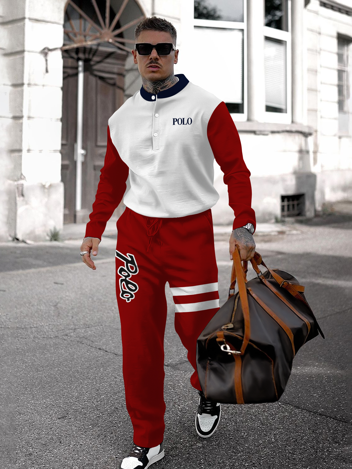 Men's fashion casual geometric print long sleeve two-piece set