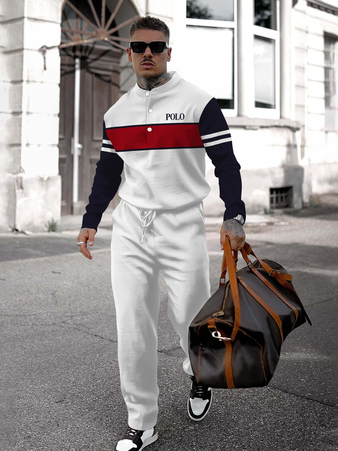 Men's fashion casual geometric print long sleeve two-piece set