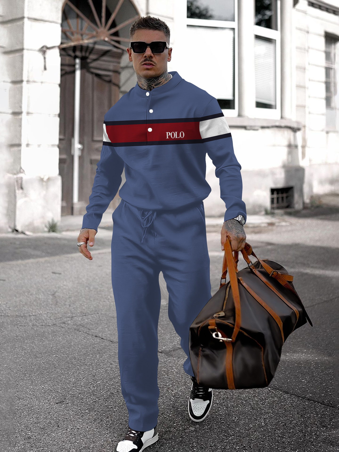 Men's fashion casual geometric print long sleeve two-piece set