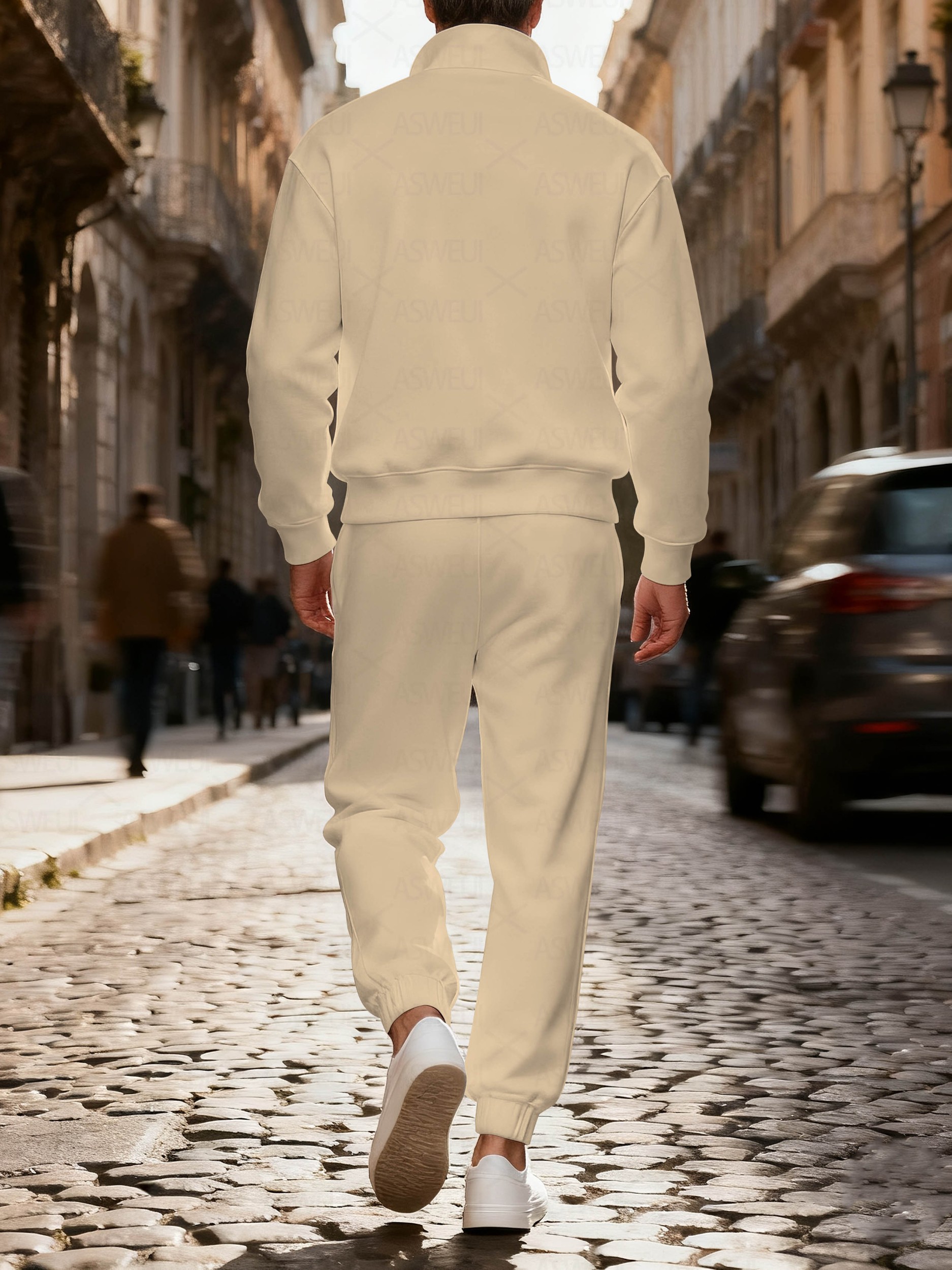 Men's stylish casual khaki-colored lion print zipper long-sleeved two-piece set