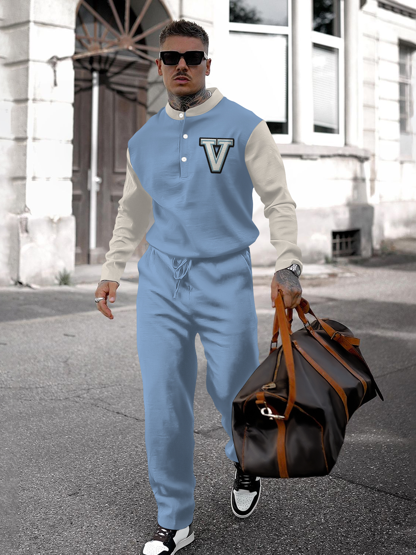 Men's fashion casual geometric print long sleeve two-piece set