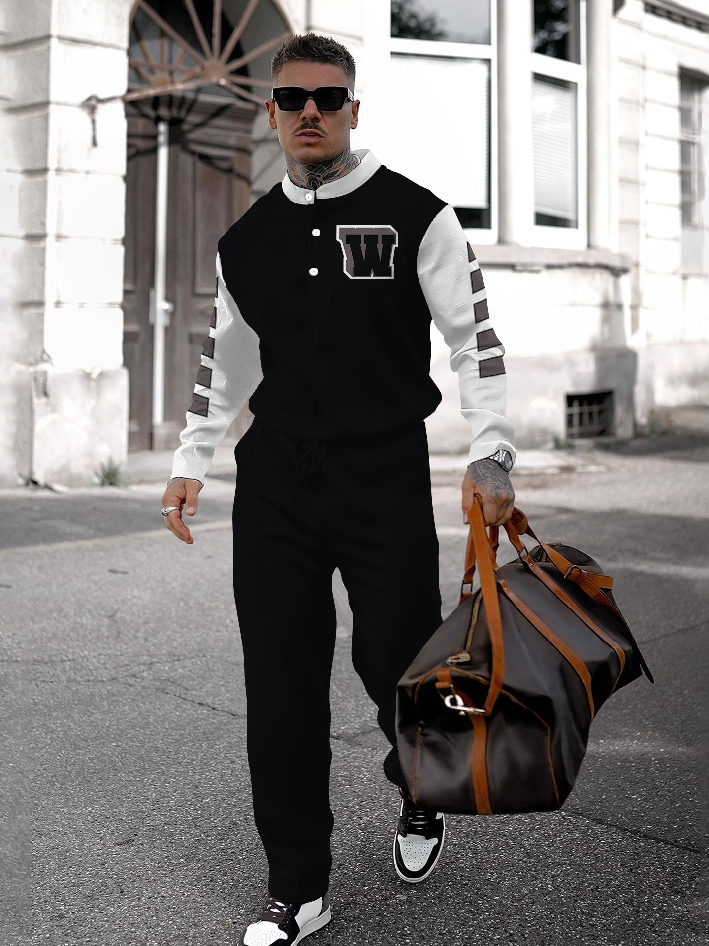 Men's fashion casual geometric print long sleeve two-piece set