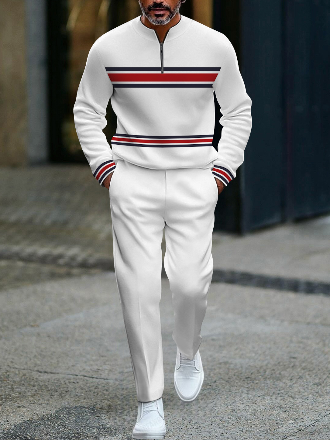 Men's fashion casual geometric print long sleeve zipper two-piece set