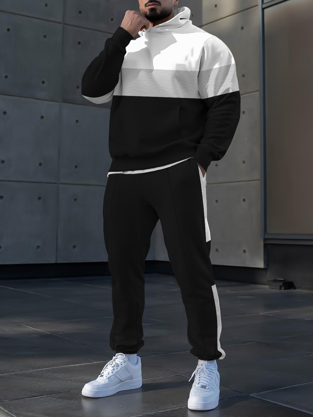 Men's fashion casual color matching geometric printed hoodie two-piece set