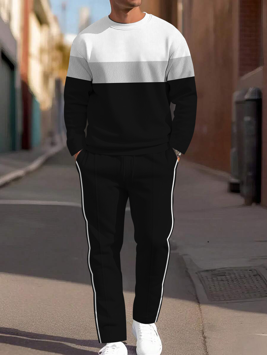 Men's fashion casual geometric printed hoodie two-piece set