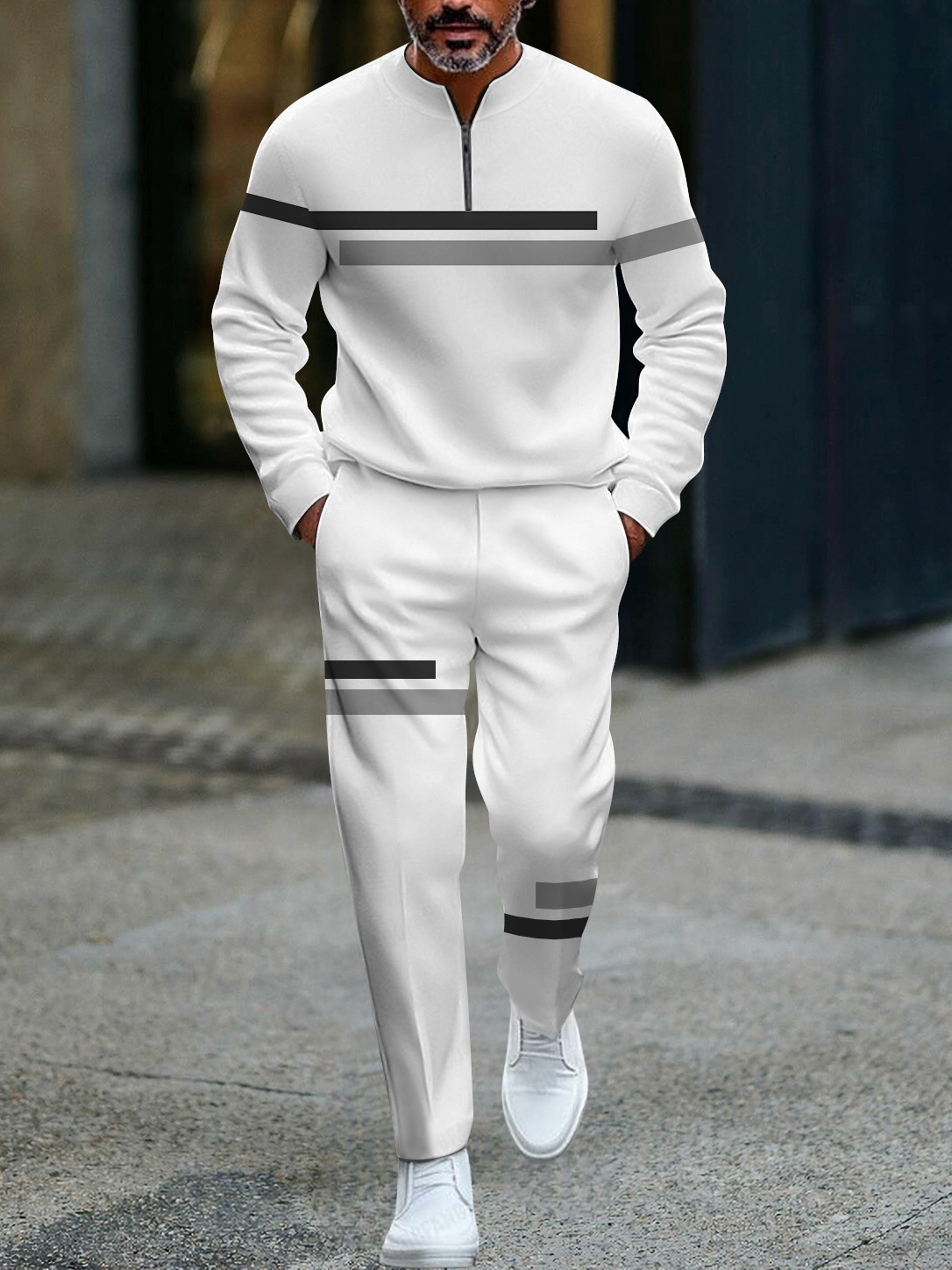 Men's fashion casual geometric print long sleeve zipper two-piece set