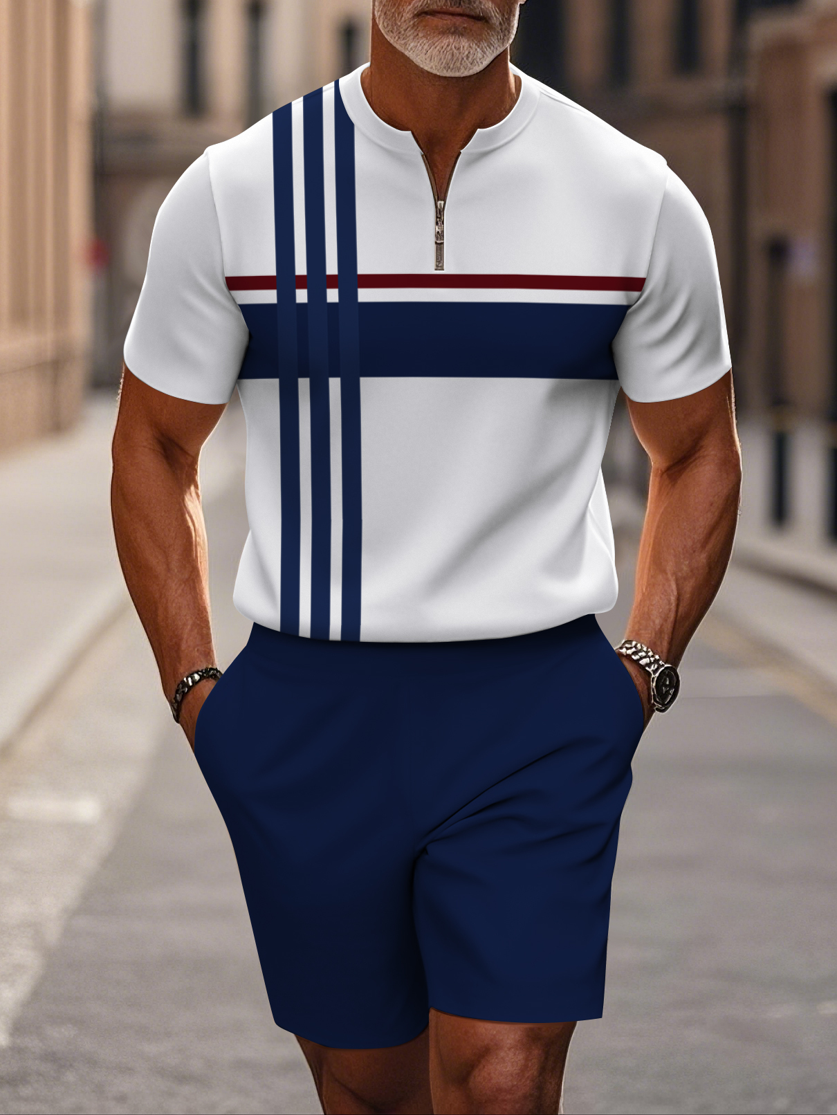 Men's fashion casual round-neck zipper geometric printed short-sleeved two-piece set