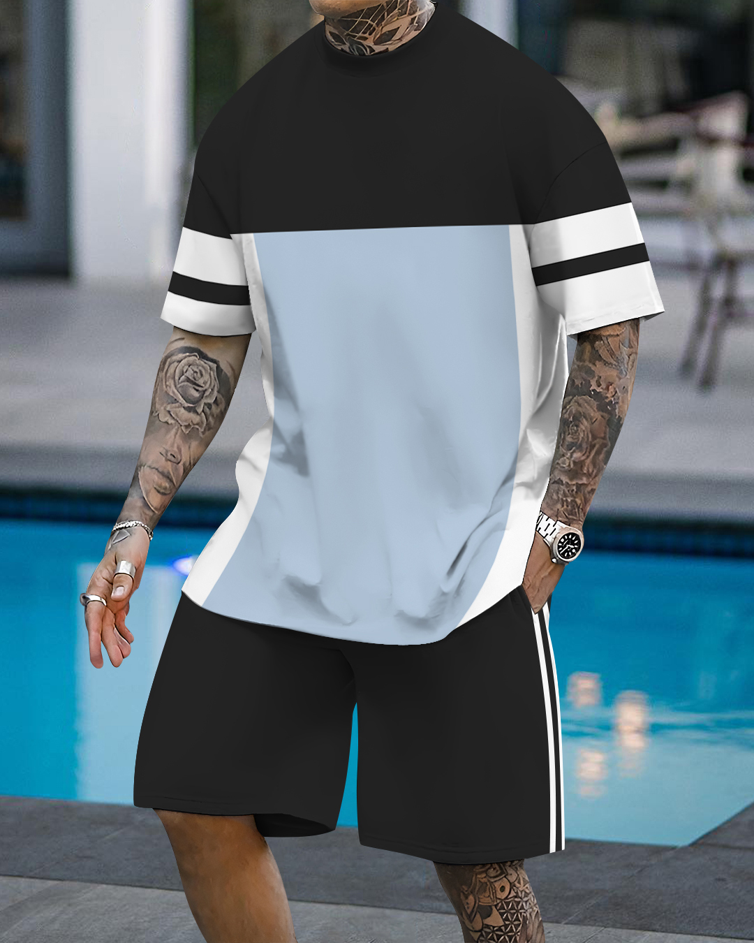 Men's fashion casual geometric print short sleeve two-piece set