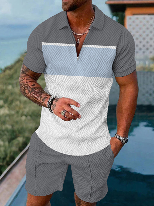 Men's fashion casual color matching geometric print short sleeved polo suit