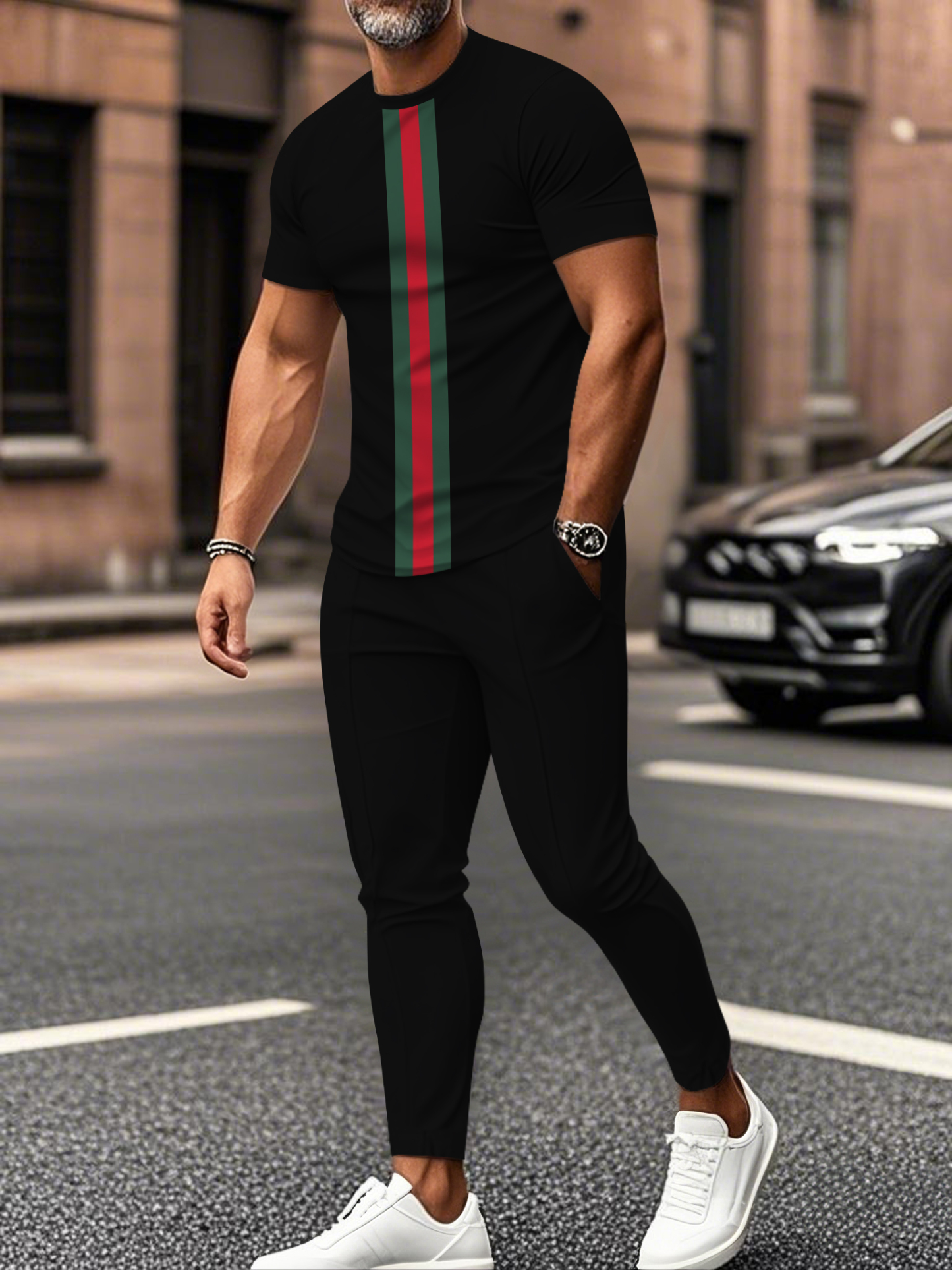 Men's fashion casual color matching striped printed short sleeved trousers two-piece set