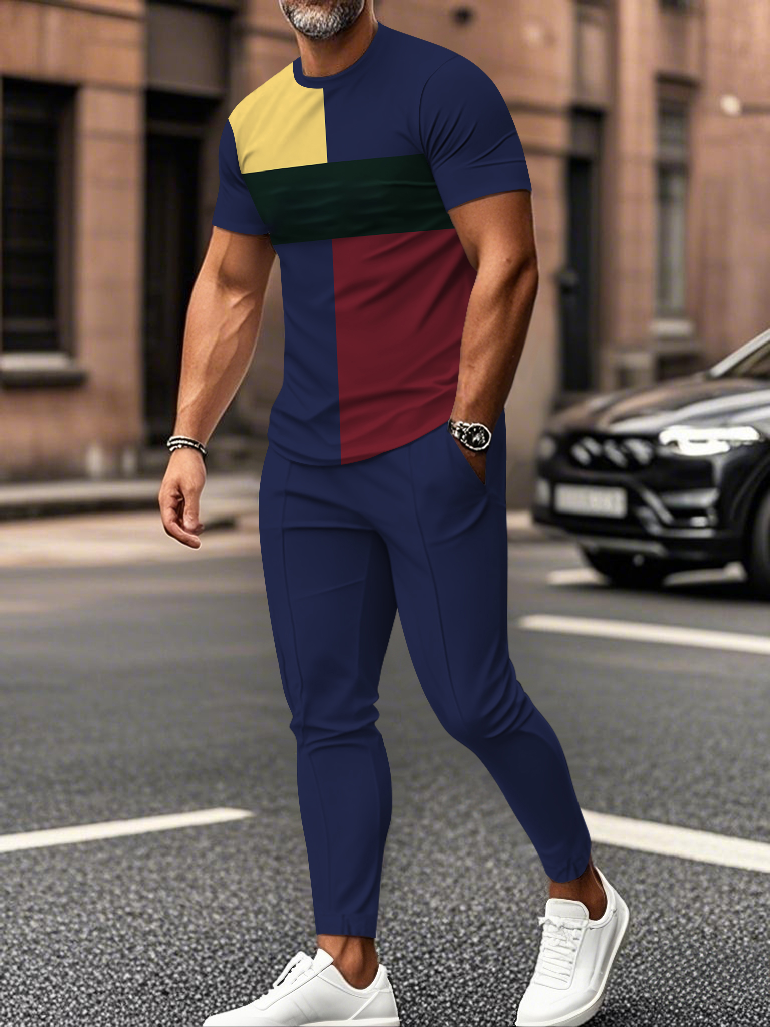 Men's fashion casual color matching striped printed short sleeved trousers two-piece set