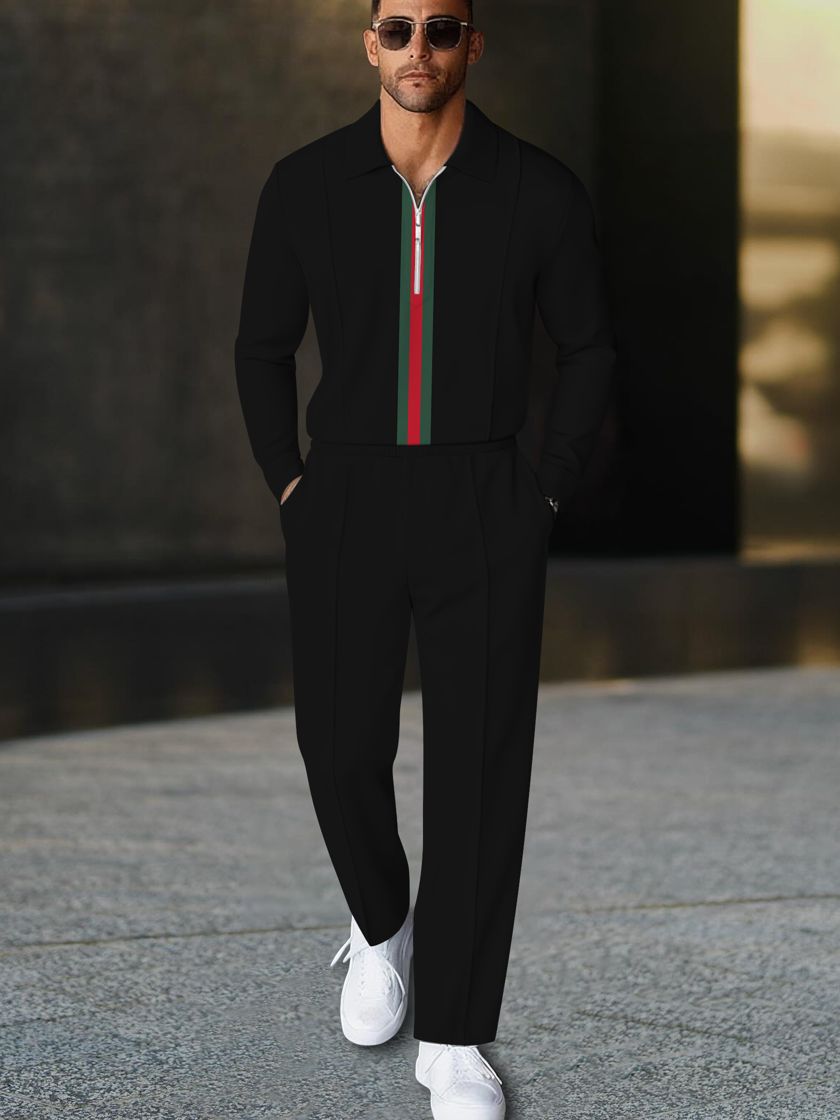 Men's fashion casual geometric print long sleeve zipper polo two-piece set