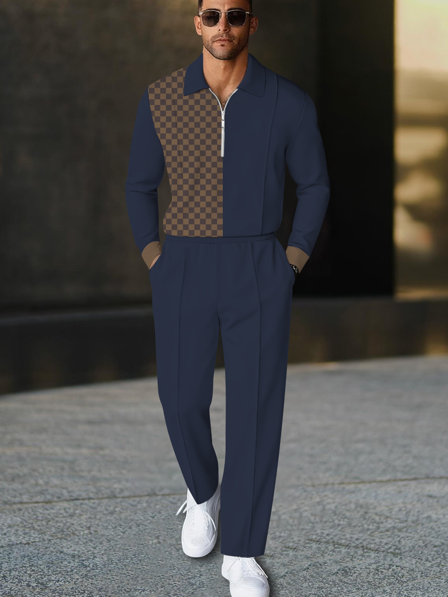 Men's fashion casual geometric print long sleeve zipper polo two-piece set