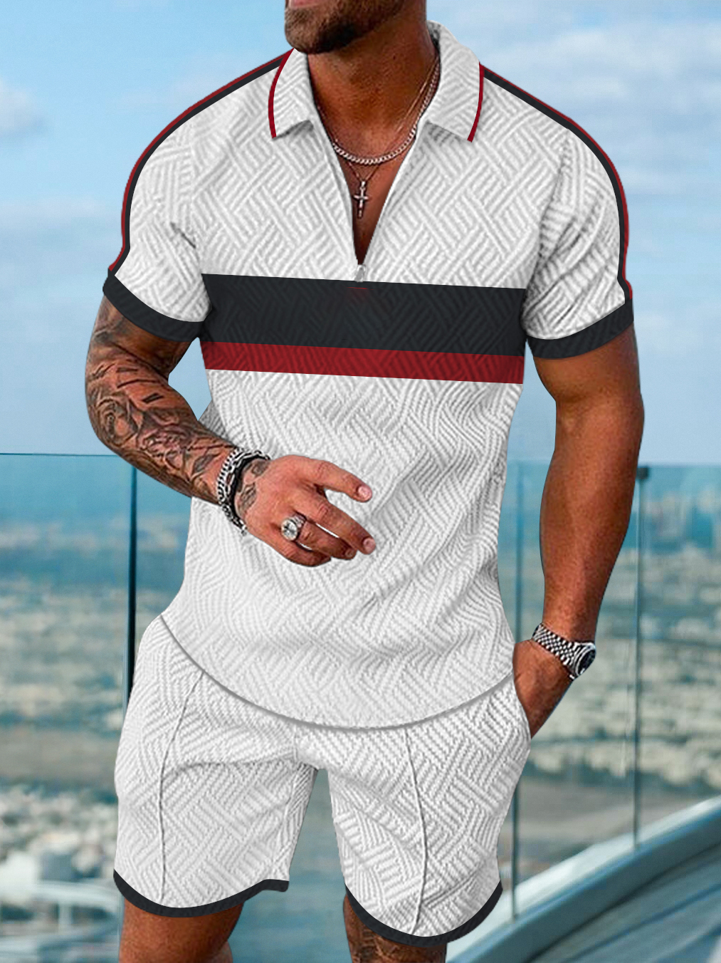 Men's fashion casual color matching printed short-sleeved polo suit