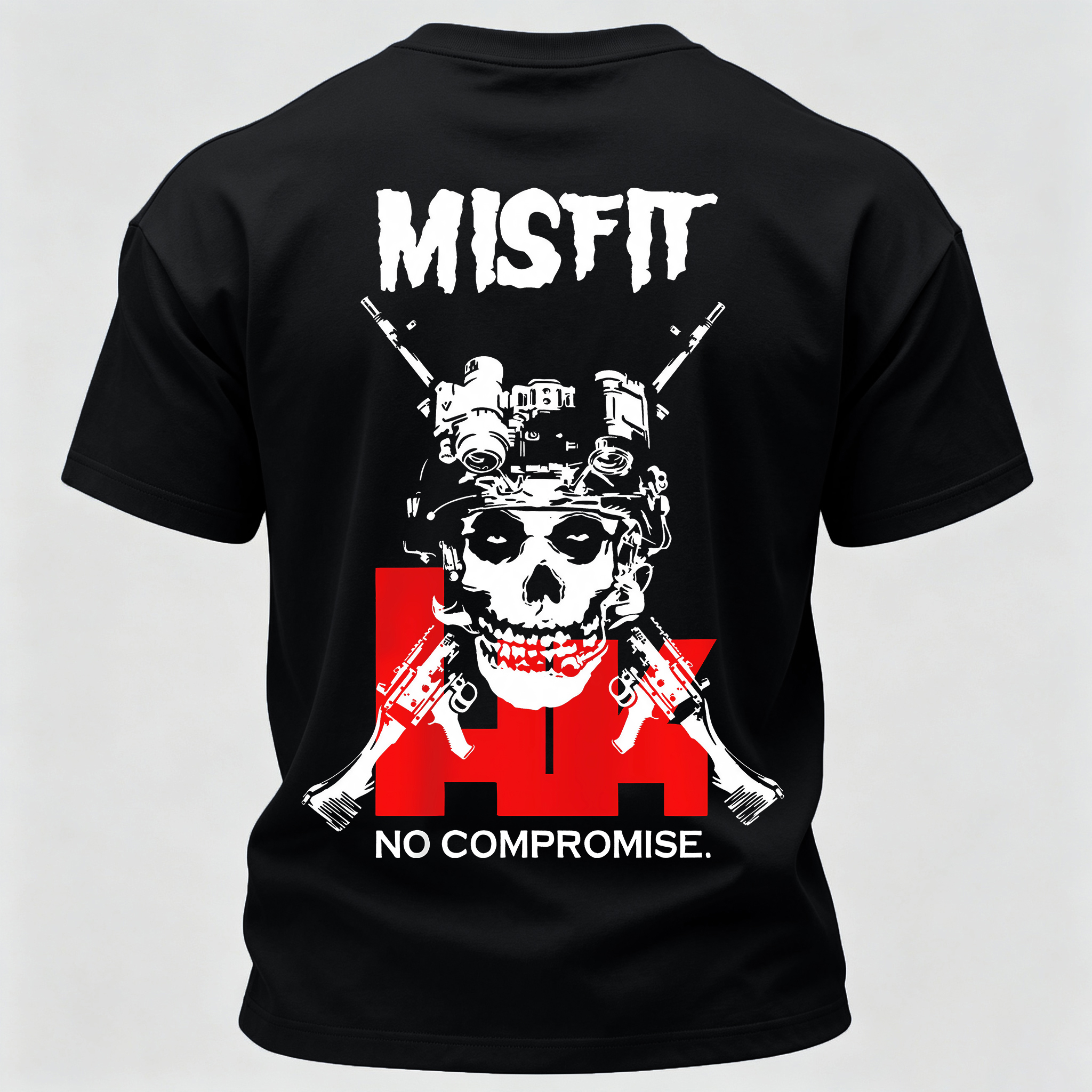 Men’s MISFIT No Compromise Tactical Skull Helmet NVG Rifle Graphic Tee Back Print T Shirt