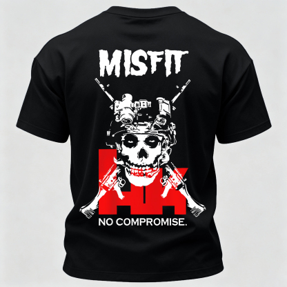 Men’s MISFIT No Compromise Tactical Skull Helmet NVG Rifle Graphic Tee Back Print T Shirt