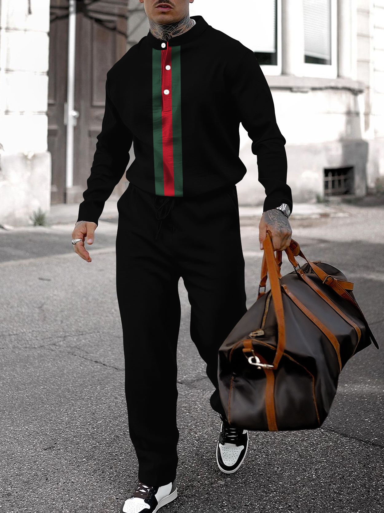 Men's fashion casual geometric print long sleeve two-piece set