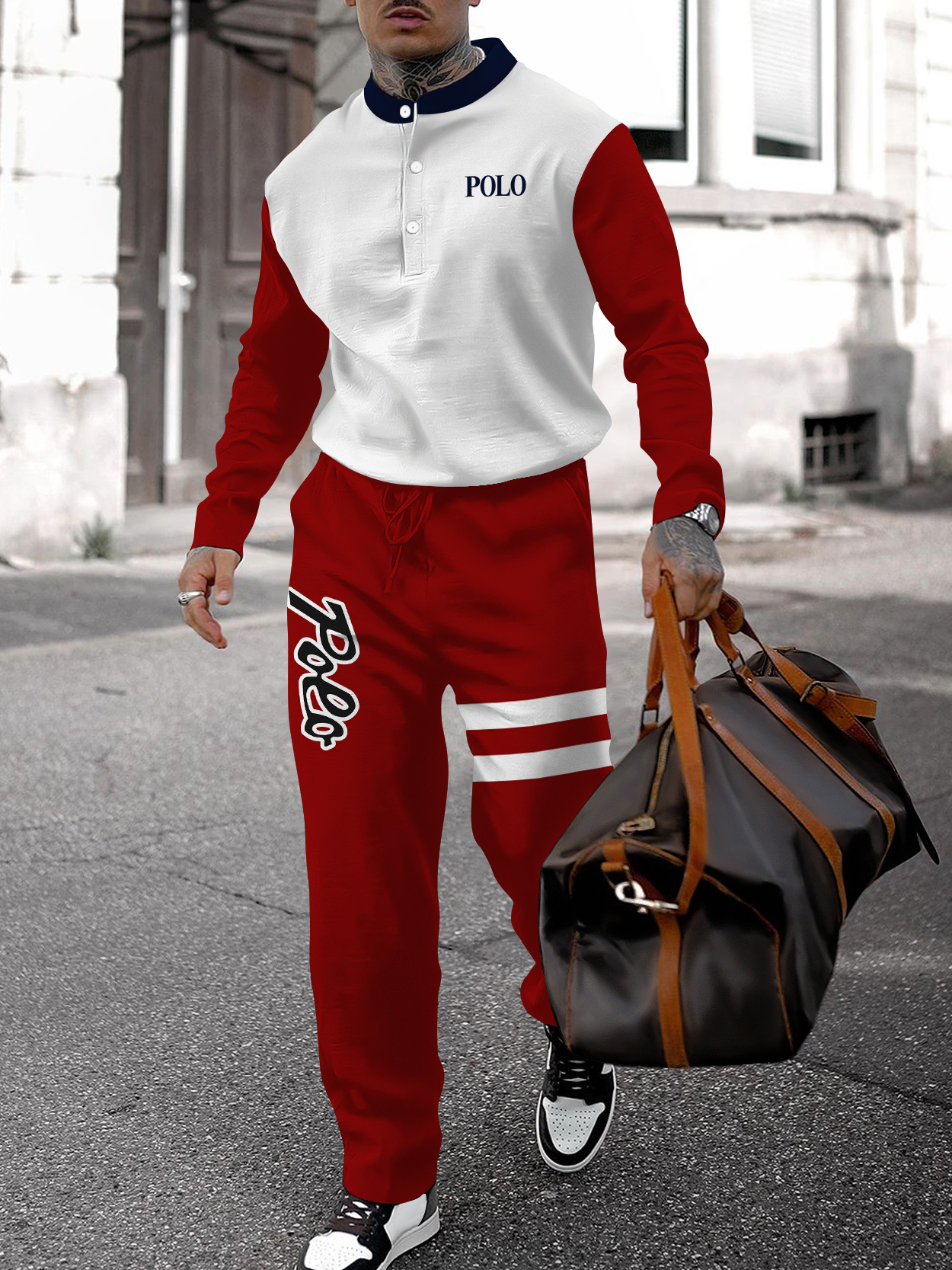 Men's fashion casual geometric print long sleeve two-piece set