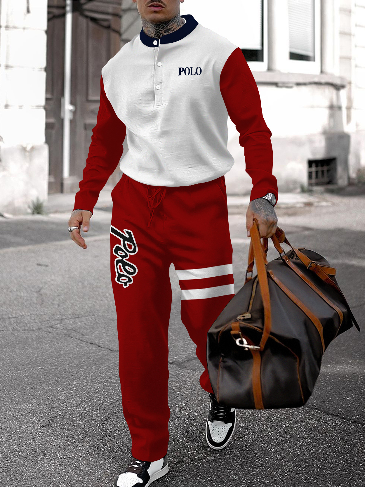 Men's fashion casual geometric print long sleeve two-piece set