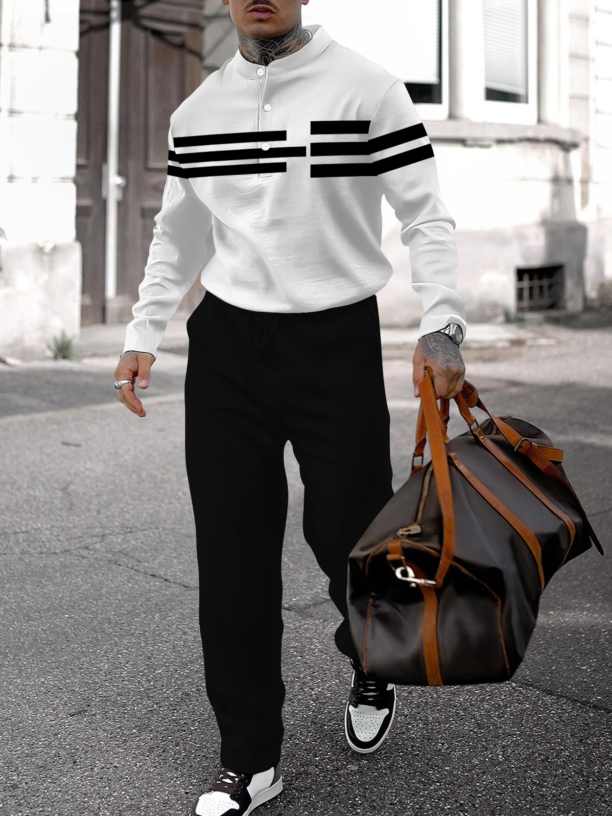 Men's fashion casual geometric print long sleeve two-piece set