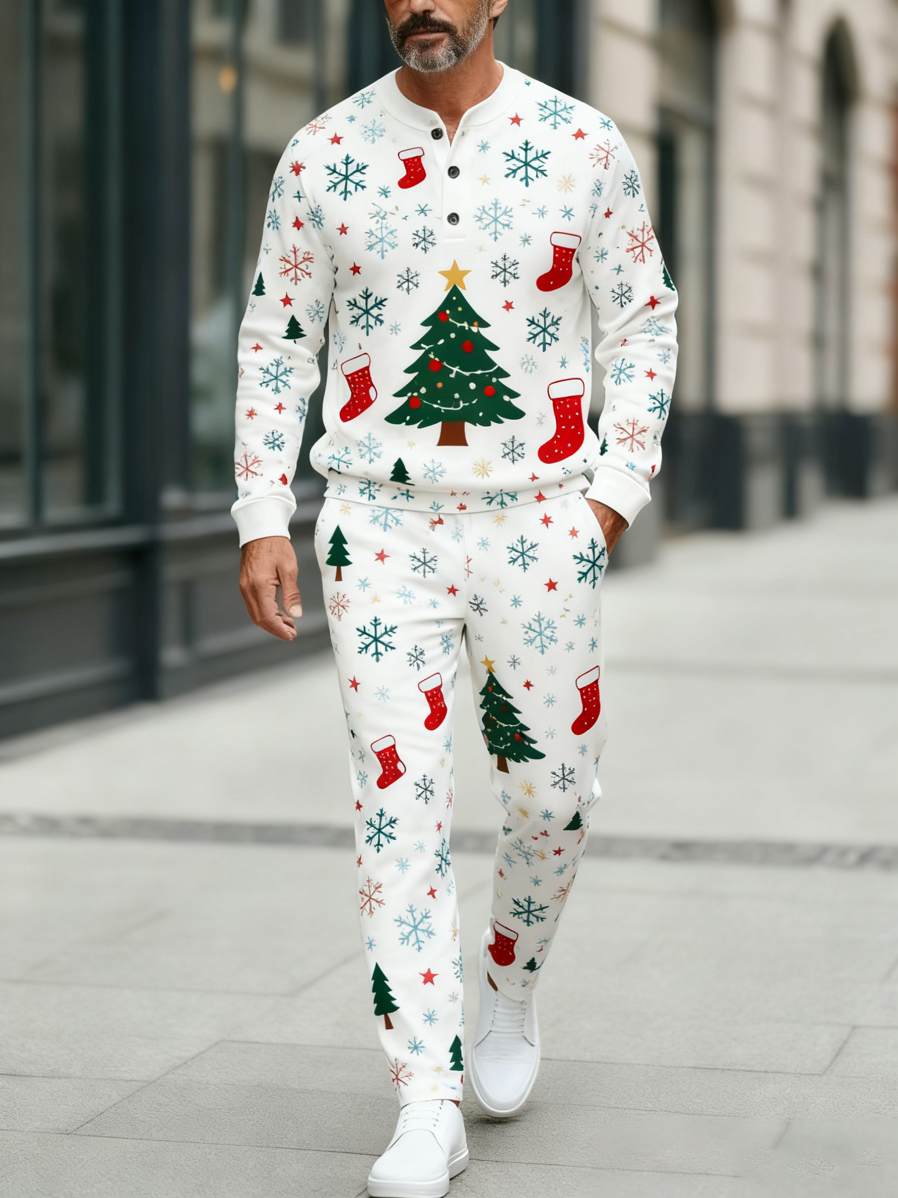 Men's fashion christmas casual geometric print long sleeve zipper two-piece set