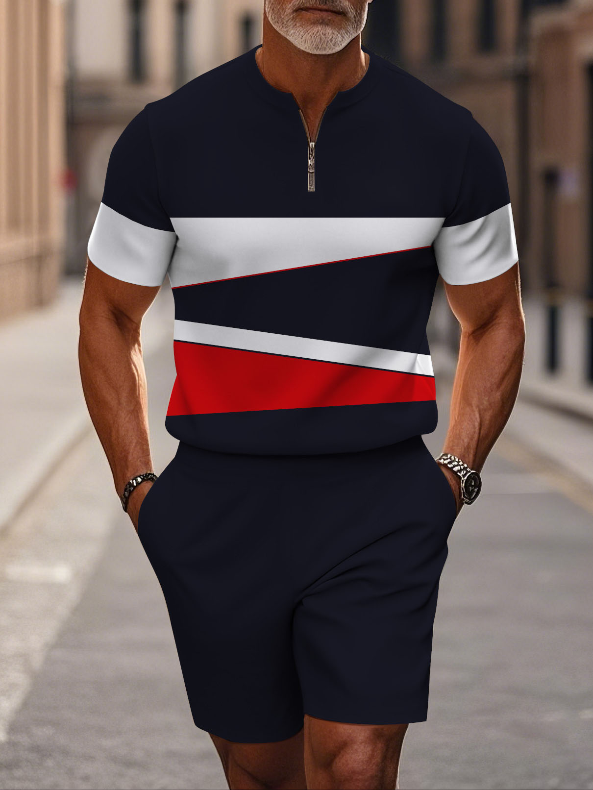 Men's fashion casual round-neck zipper geometric printed short-sleeved two-piece set