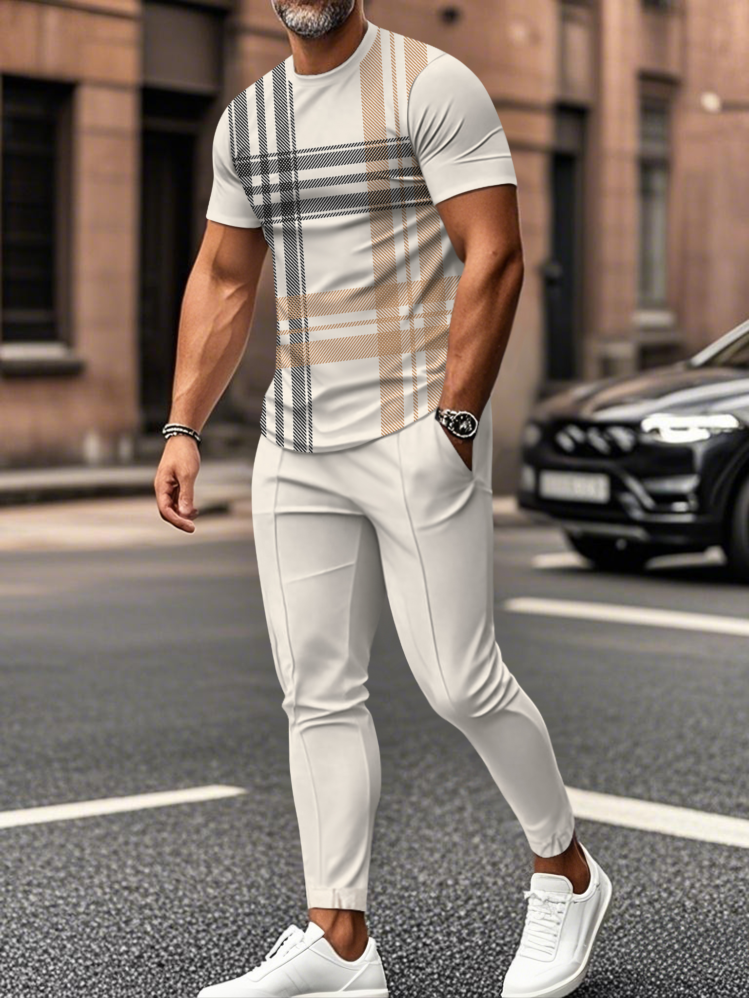 Men's fashion casual color matching striped printed short sleeved trousers two-piece set