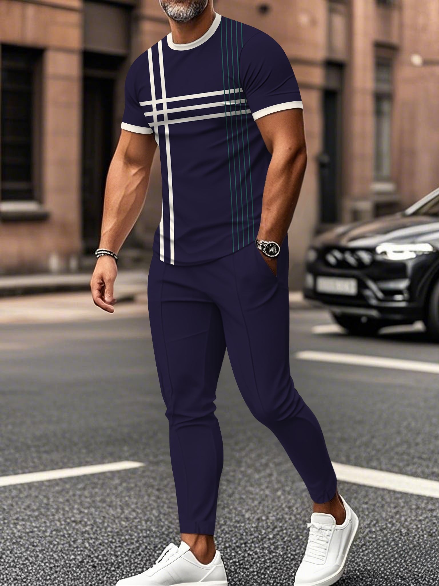 Men's fashion casual color matching striped printed short sleeved trousers two-piece set