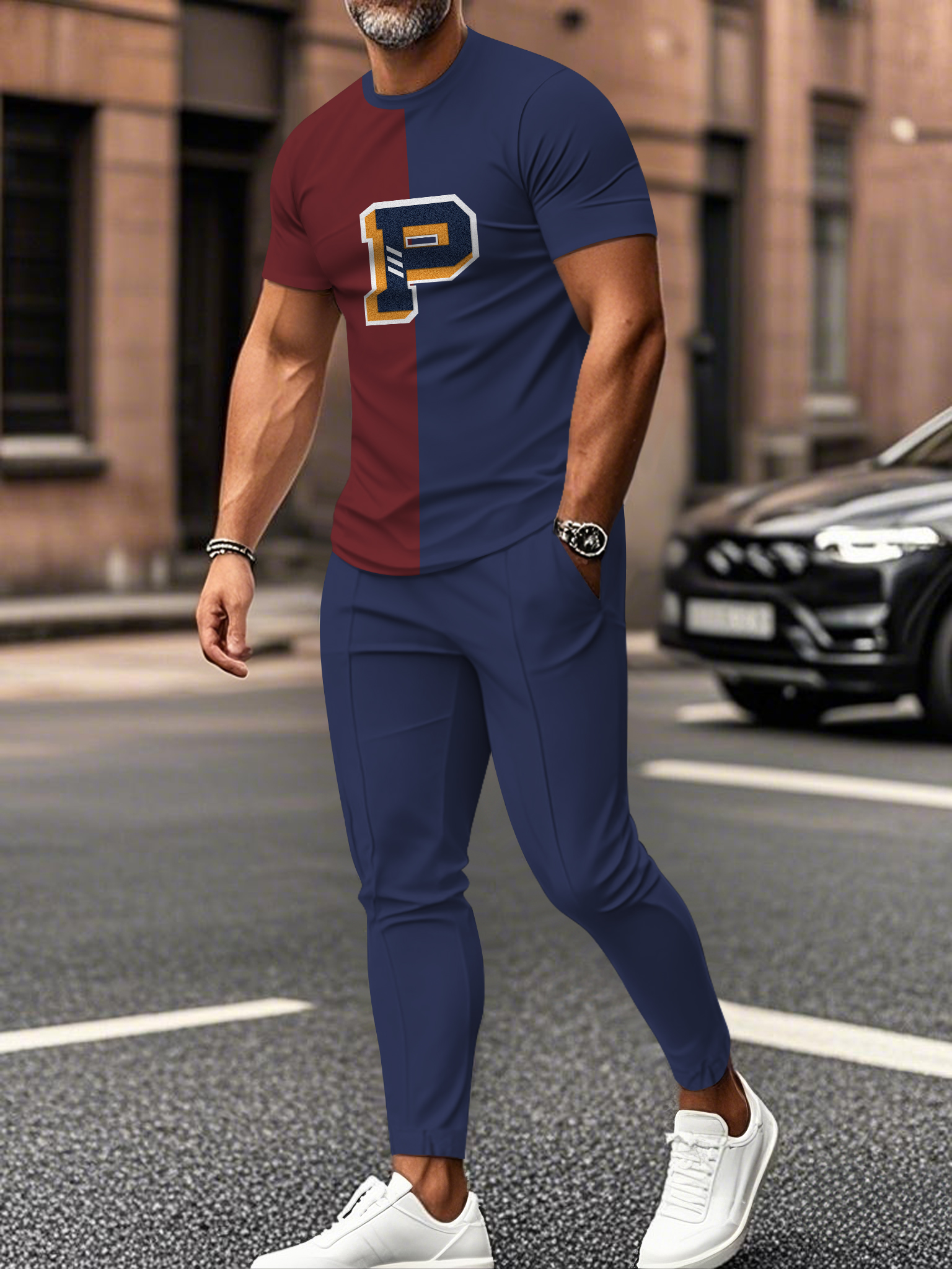 Men's fashion casual color matching striped printed short sleeved trousers two-piece set