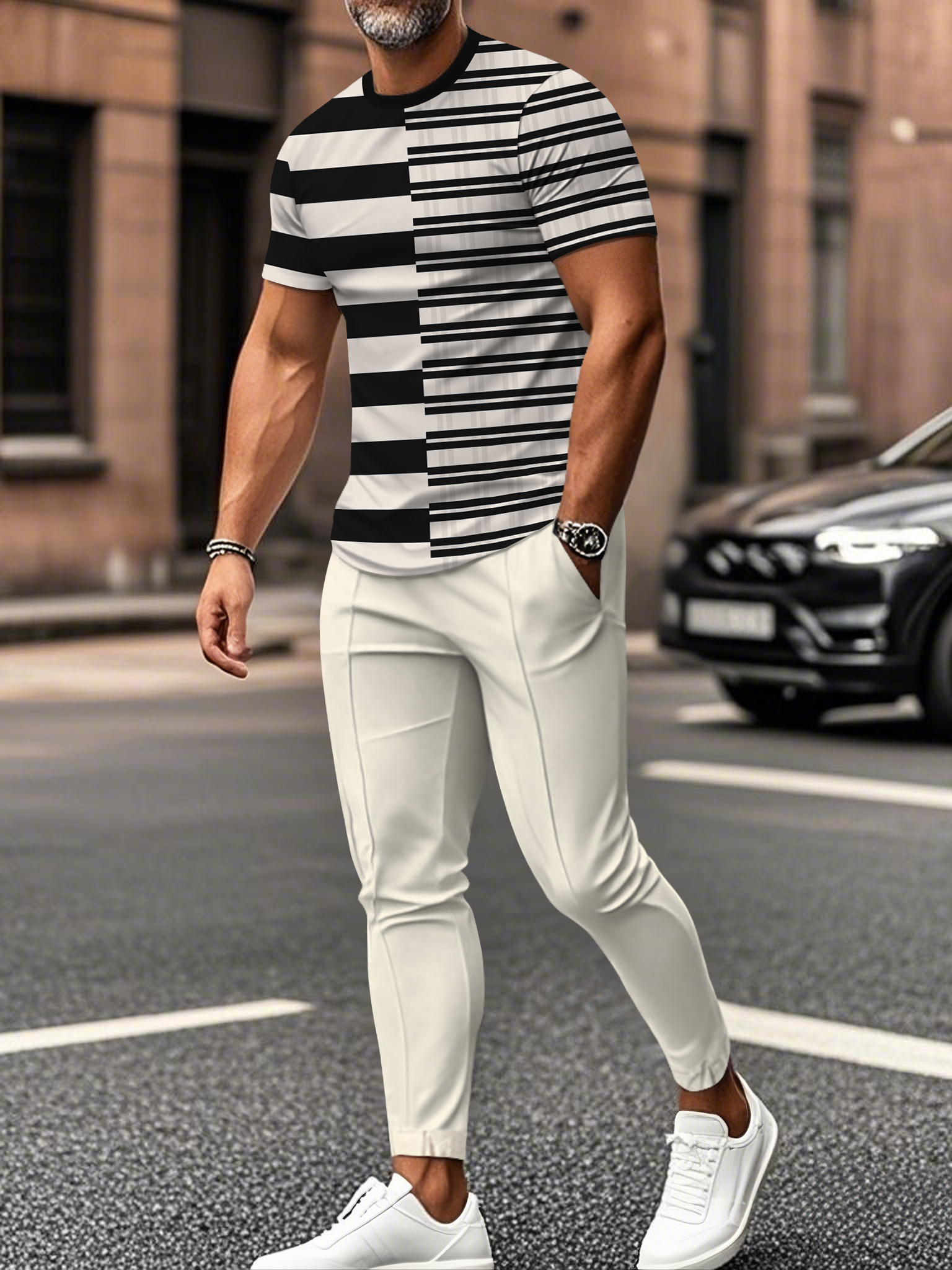 Men's fashion casual color matching striped printed short sleeved trousers two-piece set