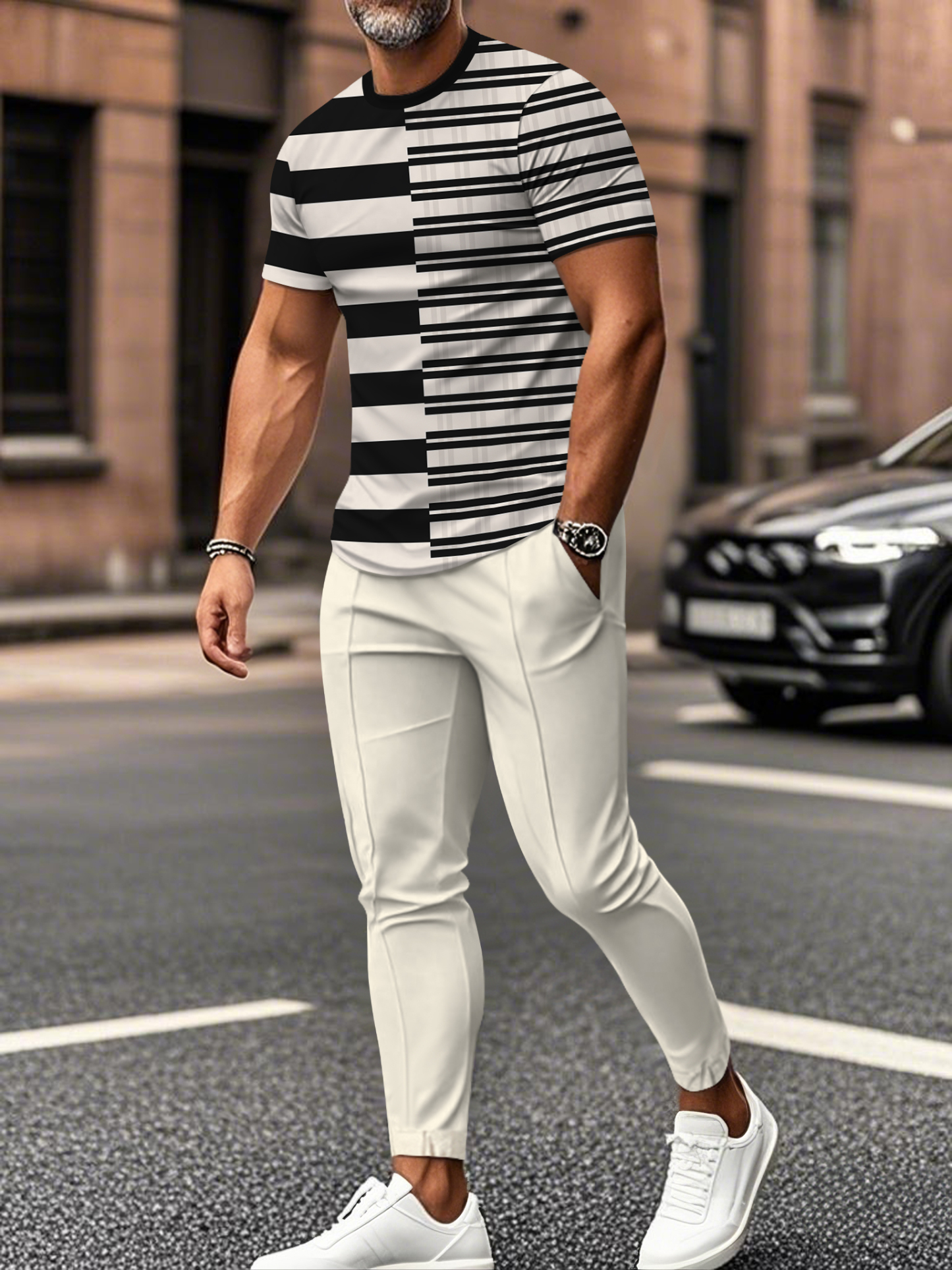 Men's fashion casual color matching striped printed short sleeved trousers two-piece set