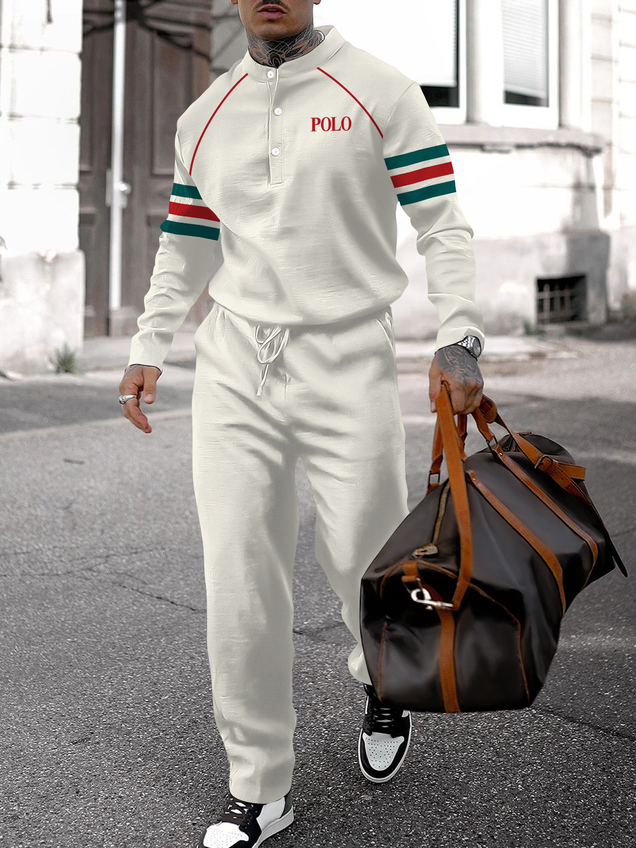 Men's fashion casual geometric print long sleeve two-piece set