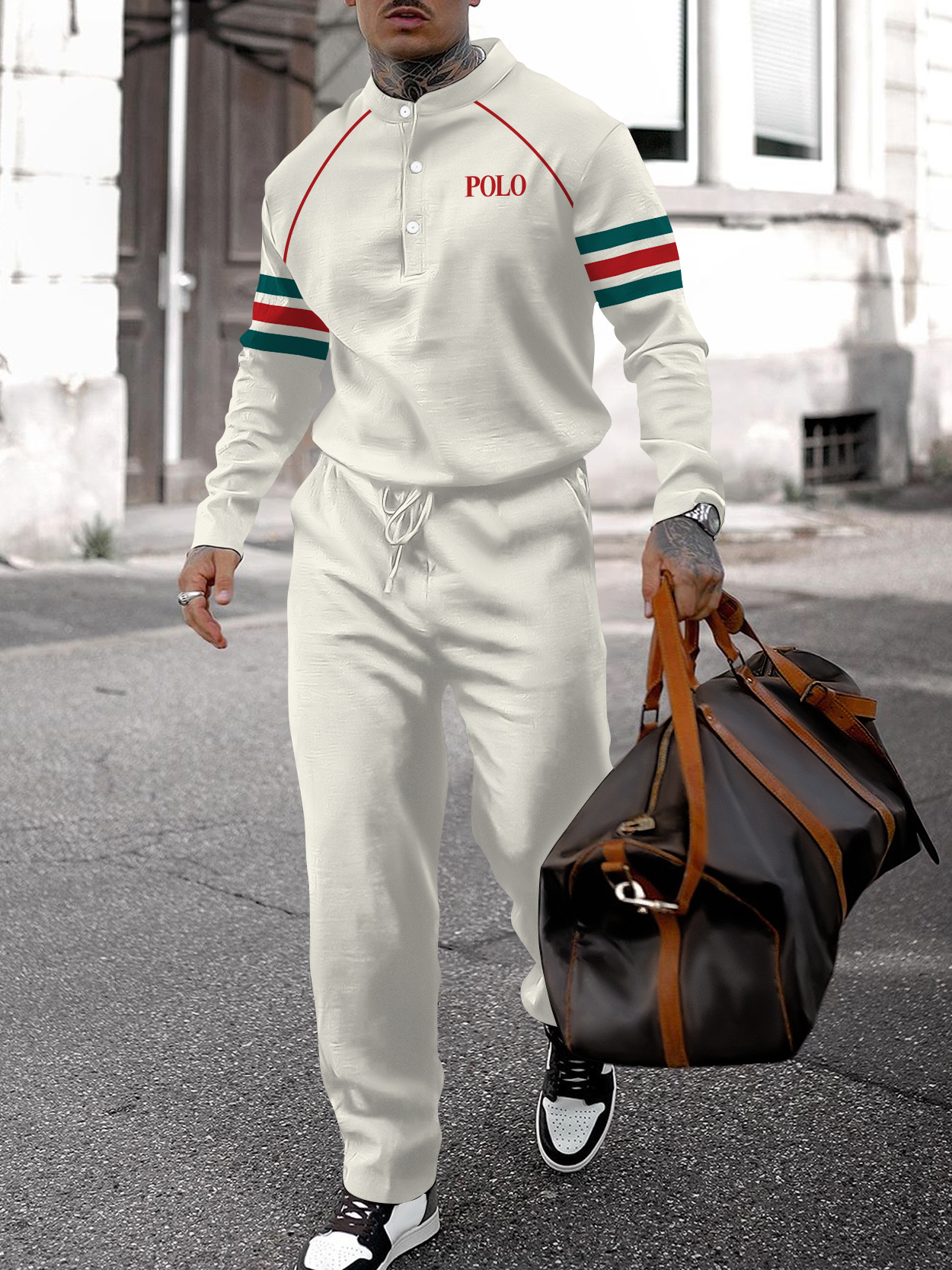 Men's fashion casual geometric print long sleeve two-piece set