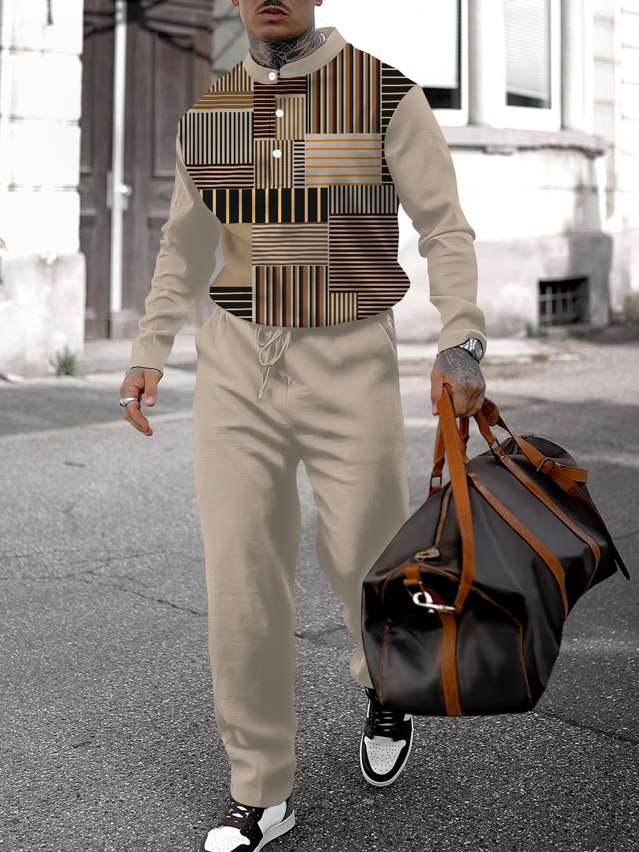 Men's fashion casual geometric print long sleeve two-piece set