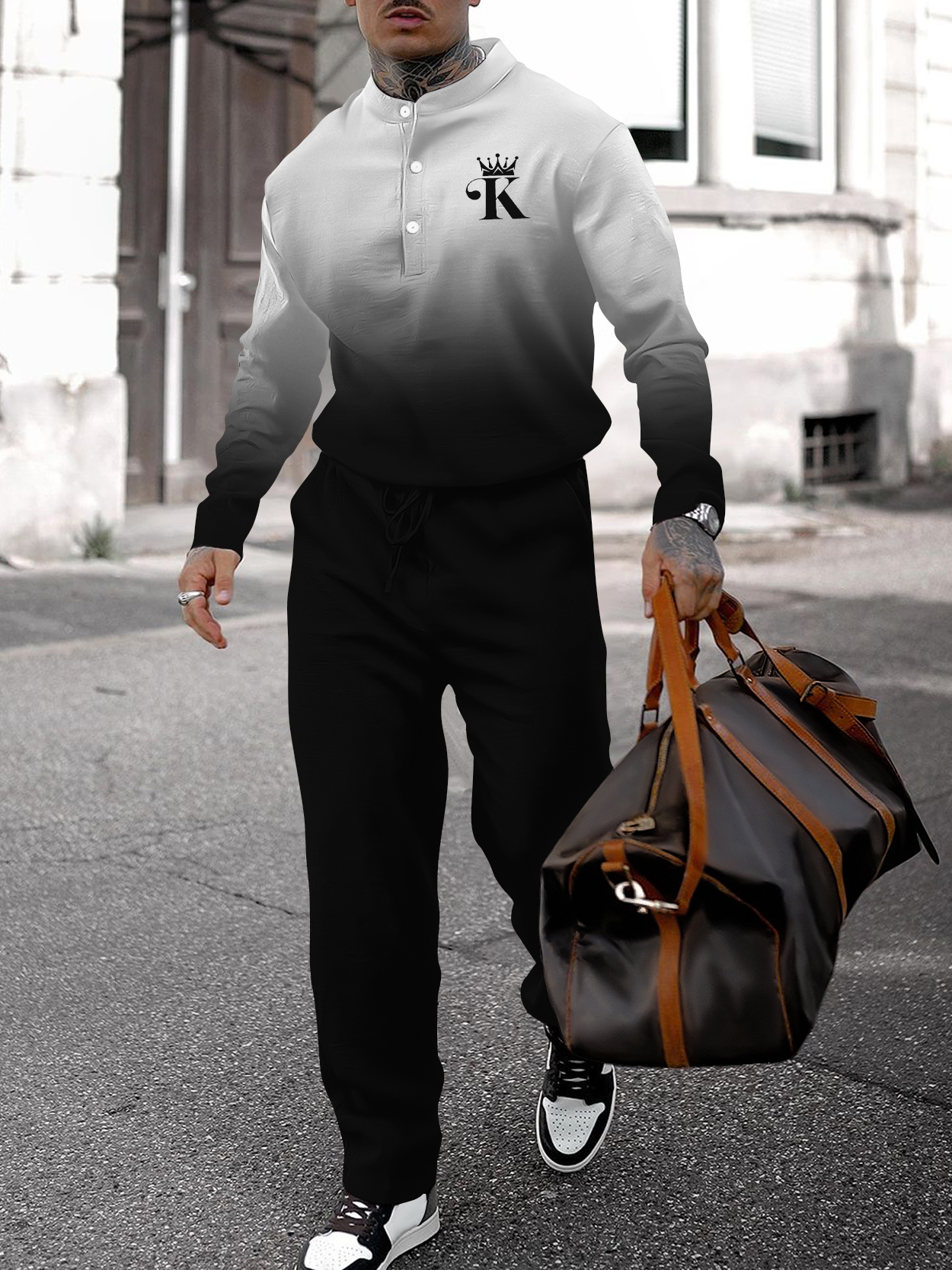 Men's fashion casual geometric print long sleeve two-piece set