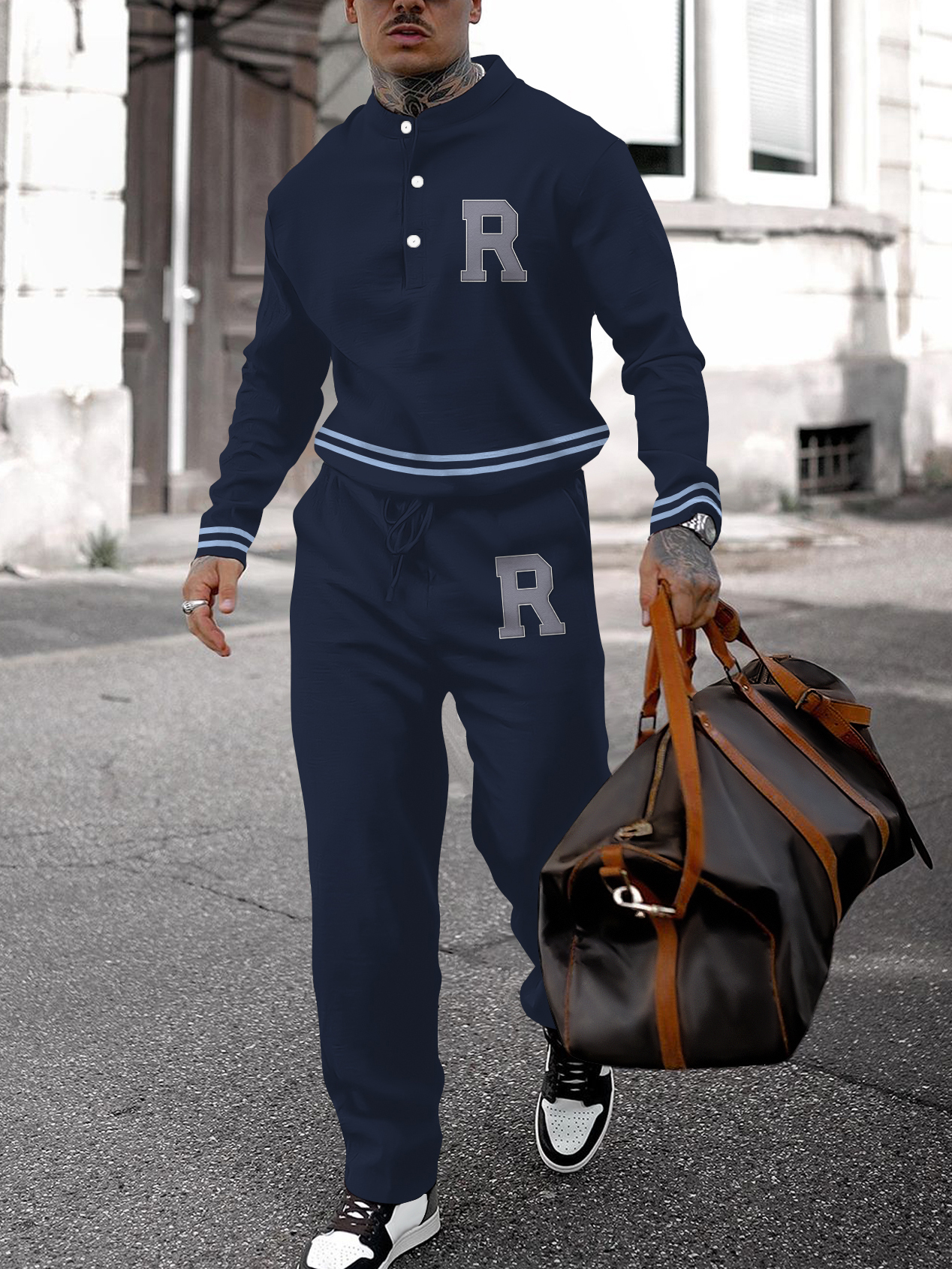 Men's fashion casual geometric print long sleeve two-piece set