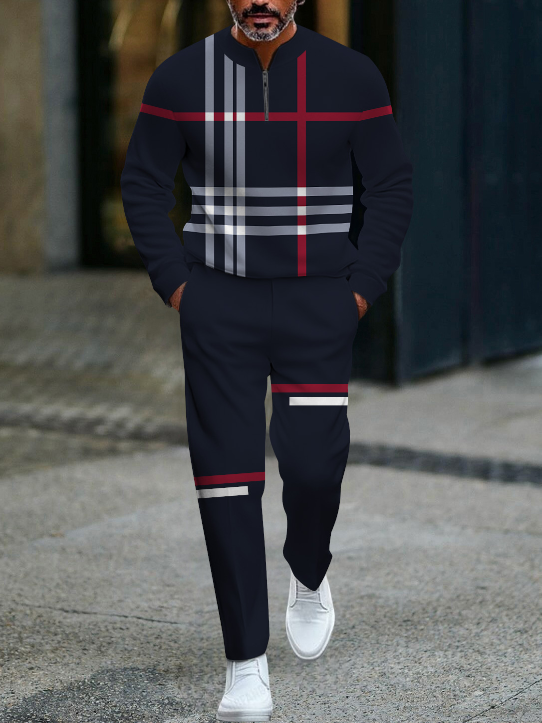 Men's fashion casual geometric print long sleeve zipper two-piece set