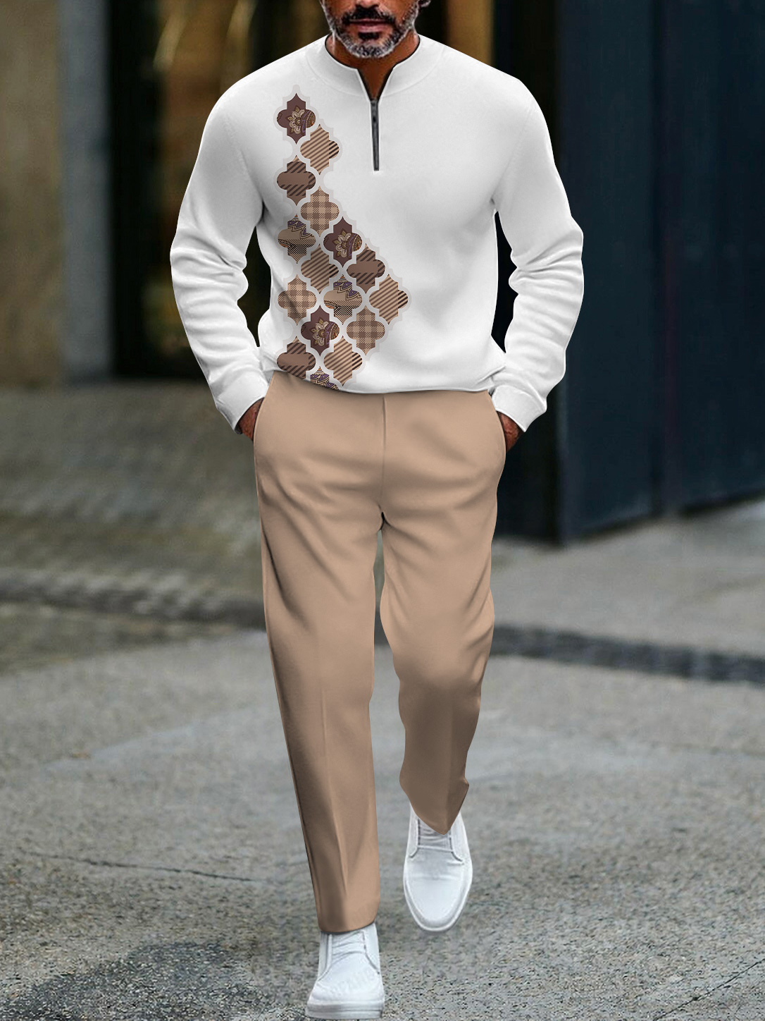 Men's fashion casual geometric print long sleeve zipper two-piece set