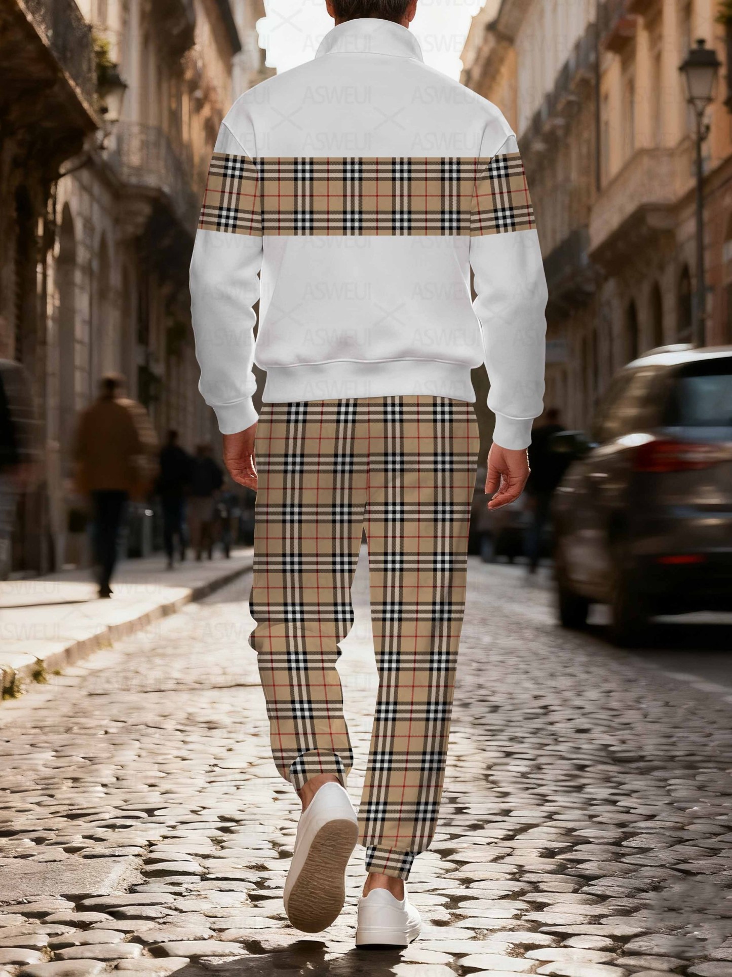 Men's stylish casual checkered print zipper long-sleeved two-piece set